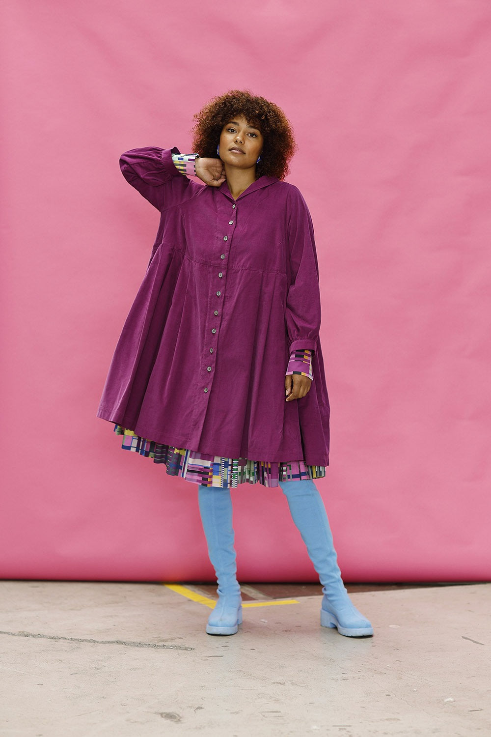 mc906b-pink button dress-baby cord-velvet-mcverdi-cotton dress-kjole med knapper