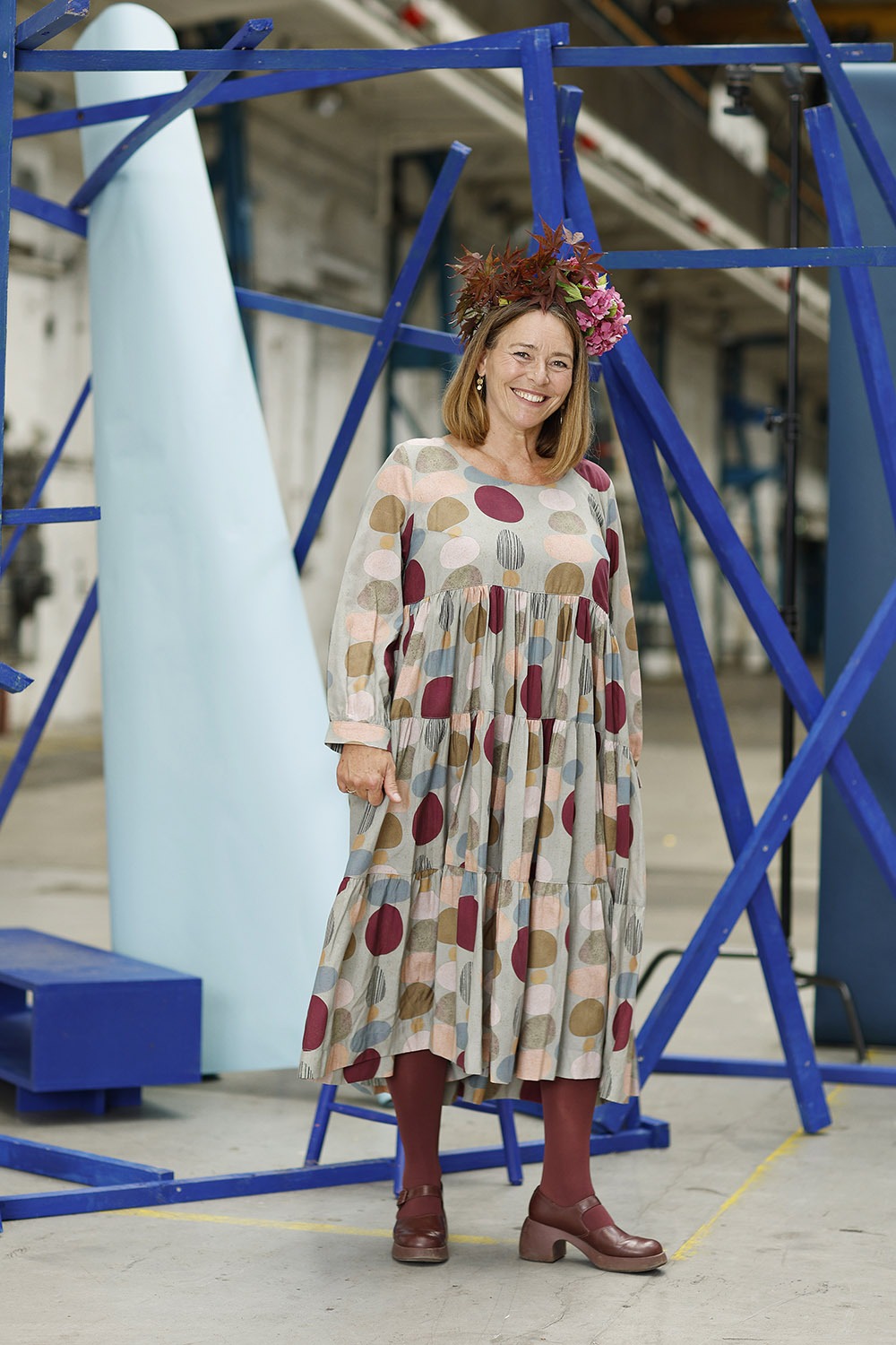 Mc913d-viola brun flæsekjole-ruffle dress-print-long dress-lang kjole med ærmer