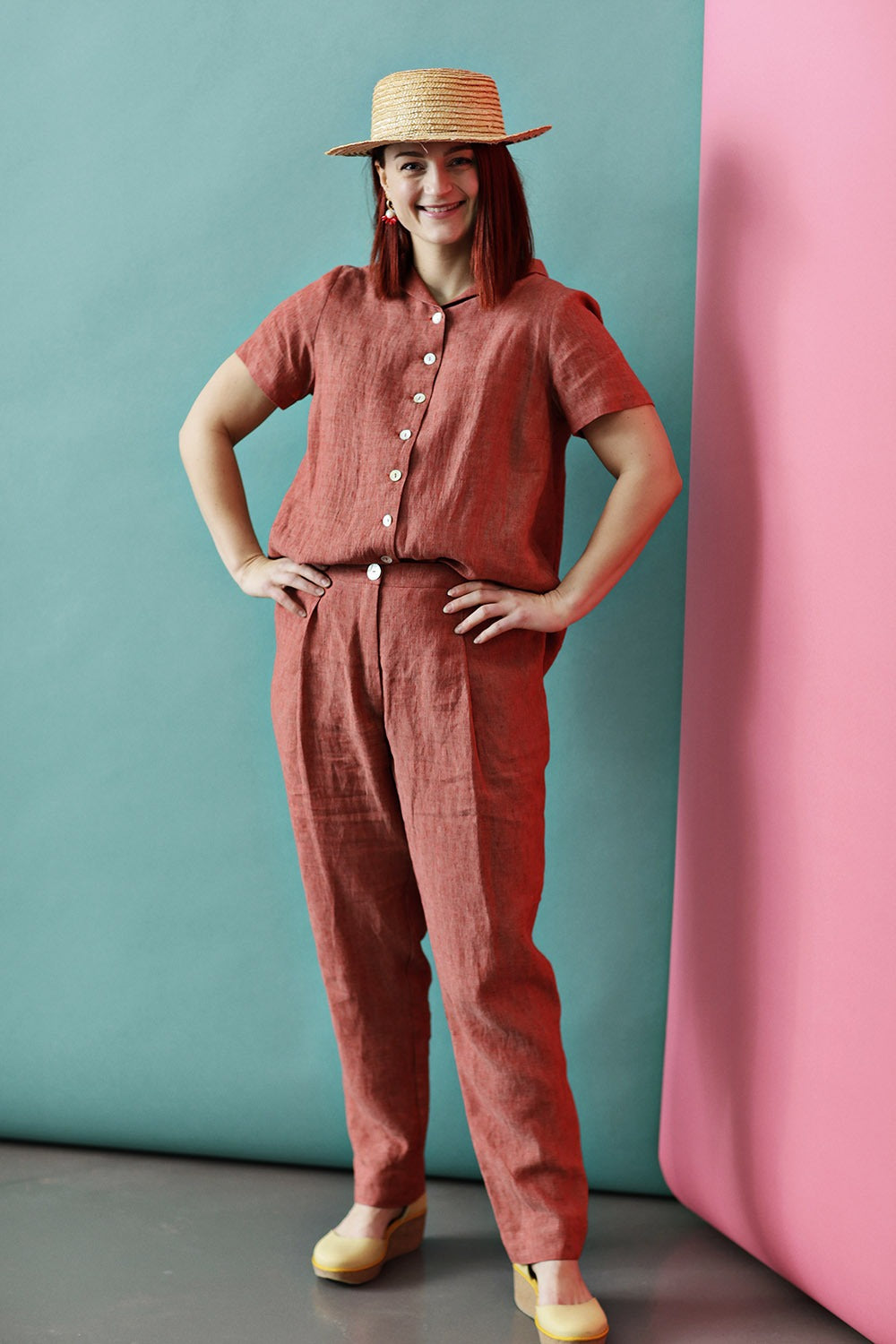 mc842j-red linen pants-trousers-røde hørbukser til kvinder