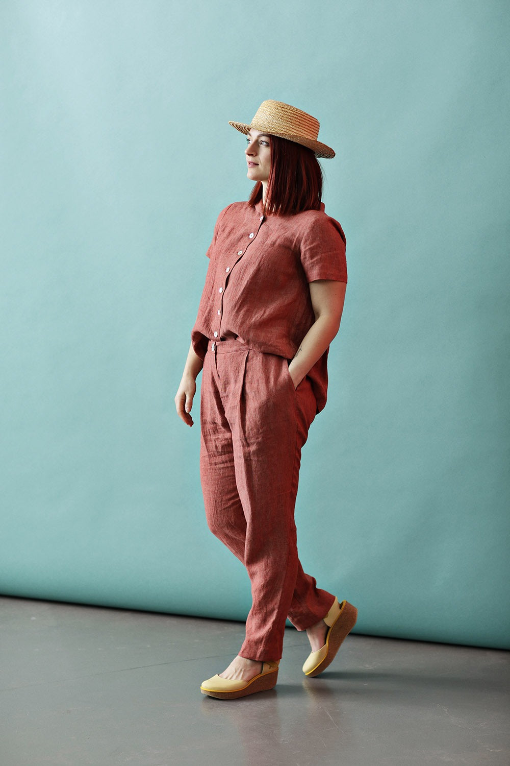mc842j-red linen pants-trousers-gule hørbukser til kvinder-3