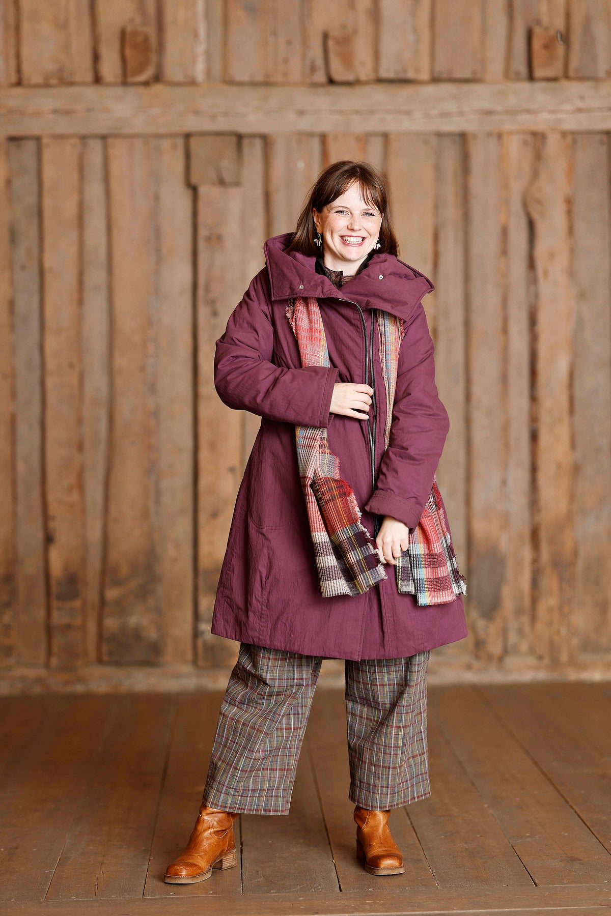 Plum coat with asymmetric zipper