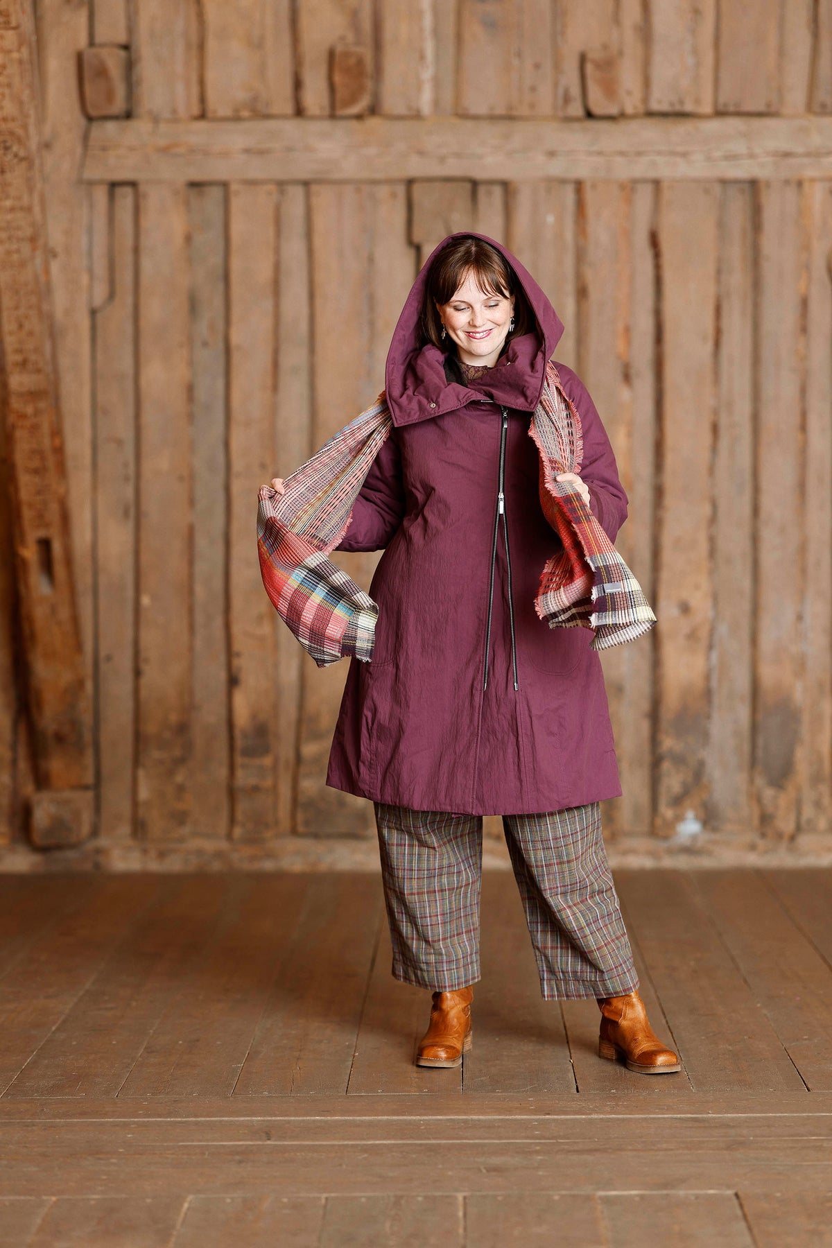 Plum coat with asymmetric zipper