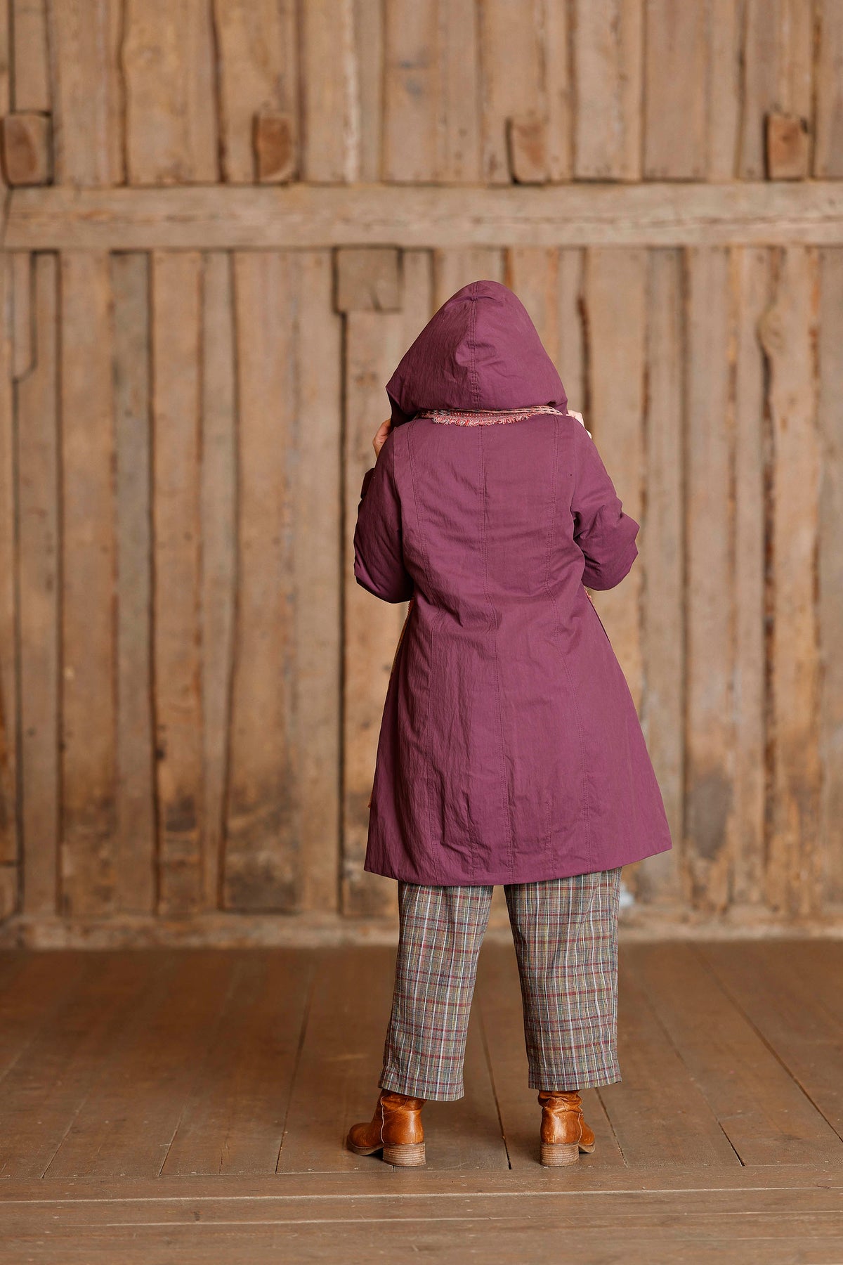 Plum coat with asymmetric zipper