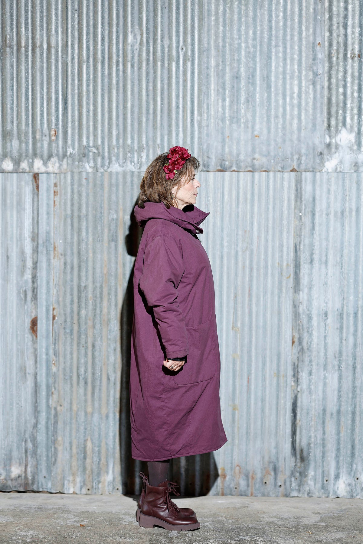Blommefarvet oversize vinterfrakke