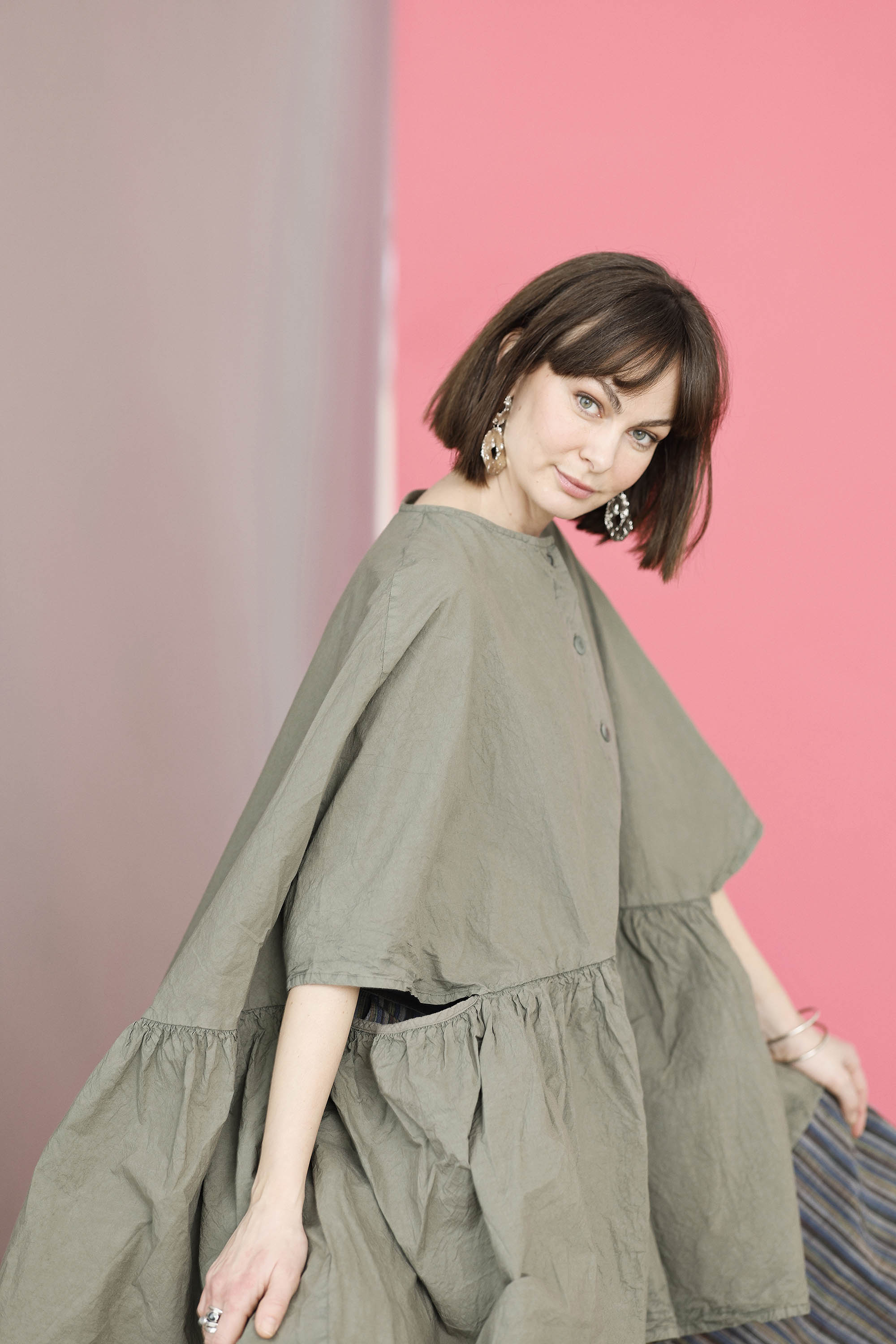 Støvet grøn bomulds kappe-kjole/poncho fra Privatsachen