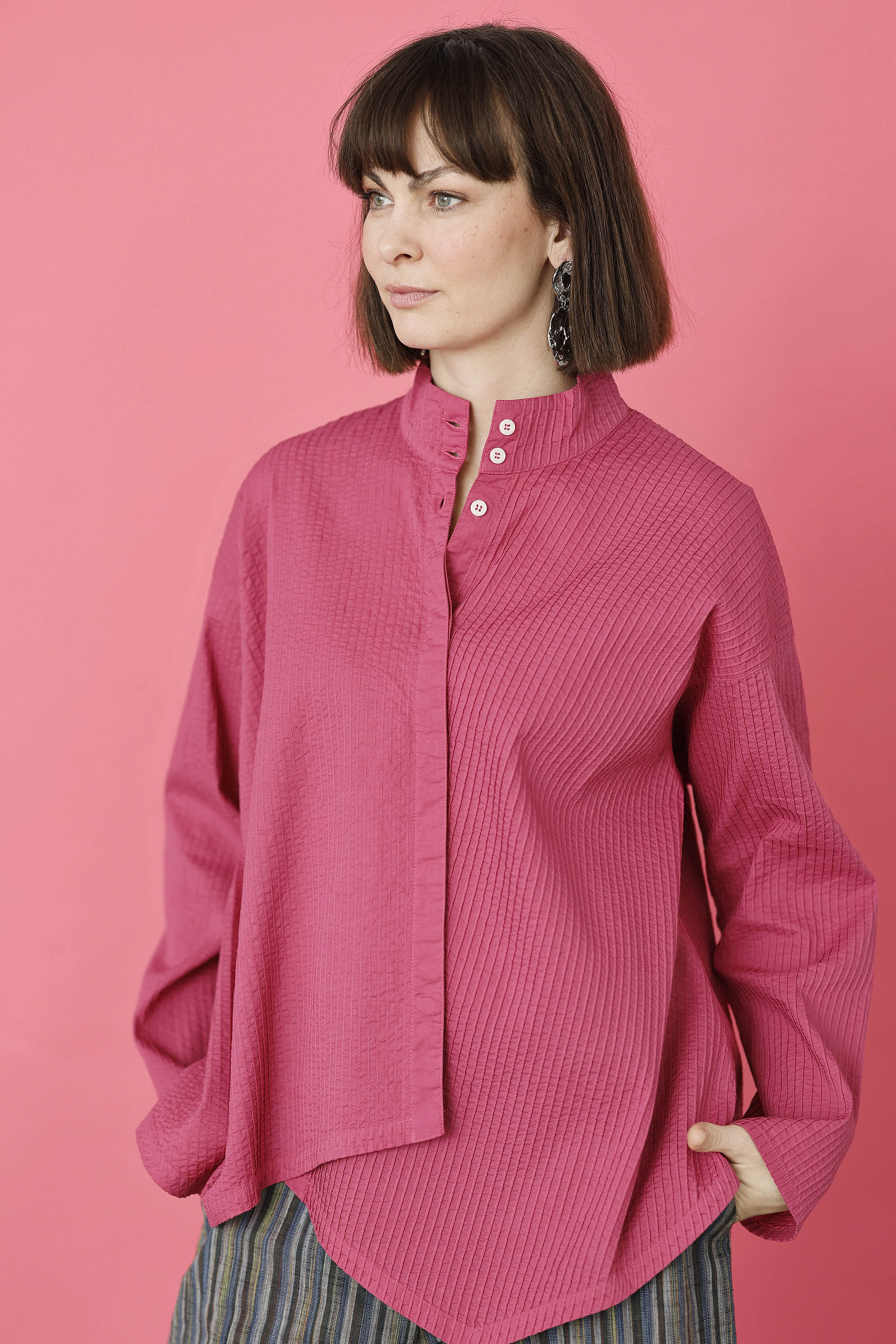 Raspberry red YaccoMaricard shirt with asymmetrical fastening