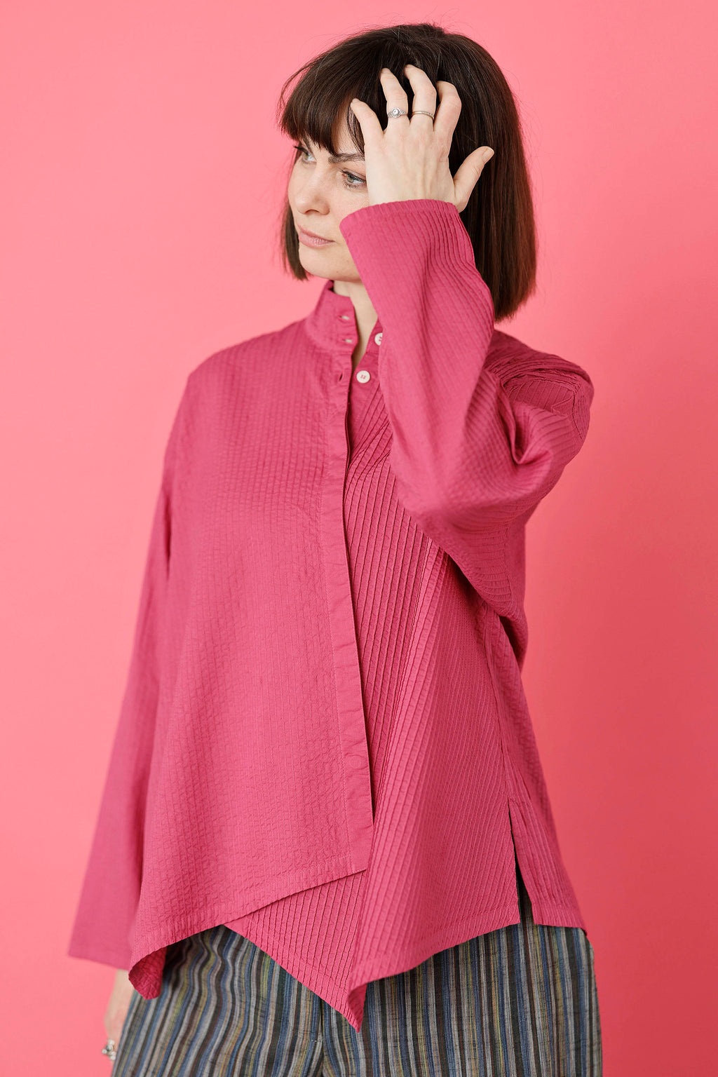 Raspberry red YaccoMaricard shirt with asymmetrical fastening