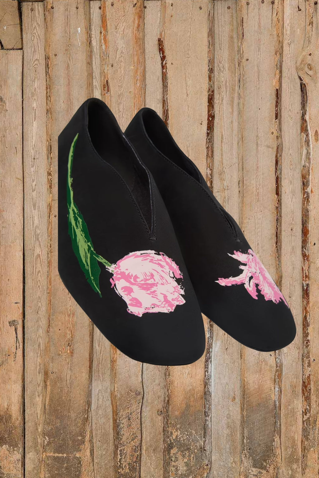 Sorte ballerina sko med blomster motiv