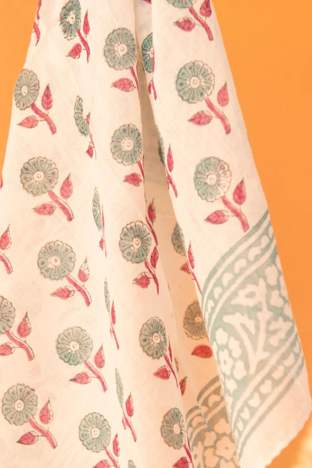 Square white Zen Ethic scarf with green and pink flowers