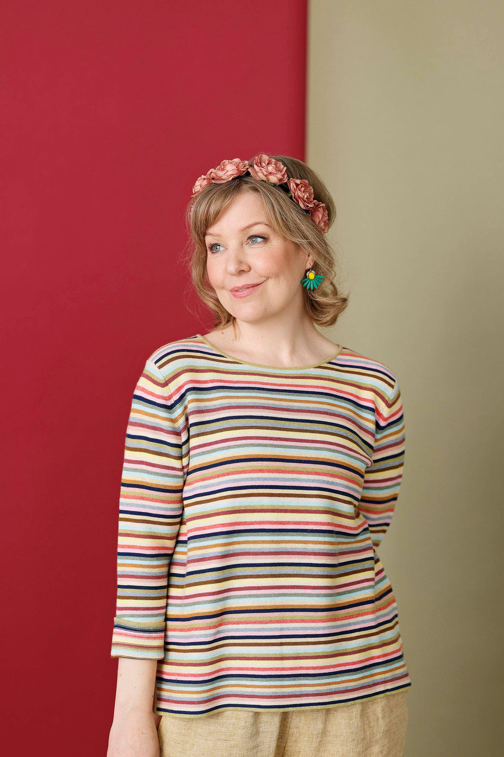 Stribet Sommerstrik med langt ærme fra Mansted