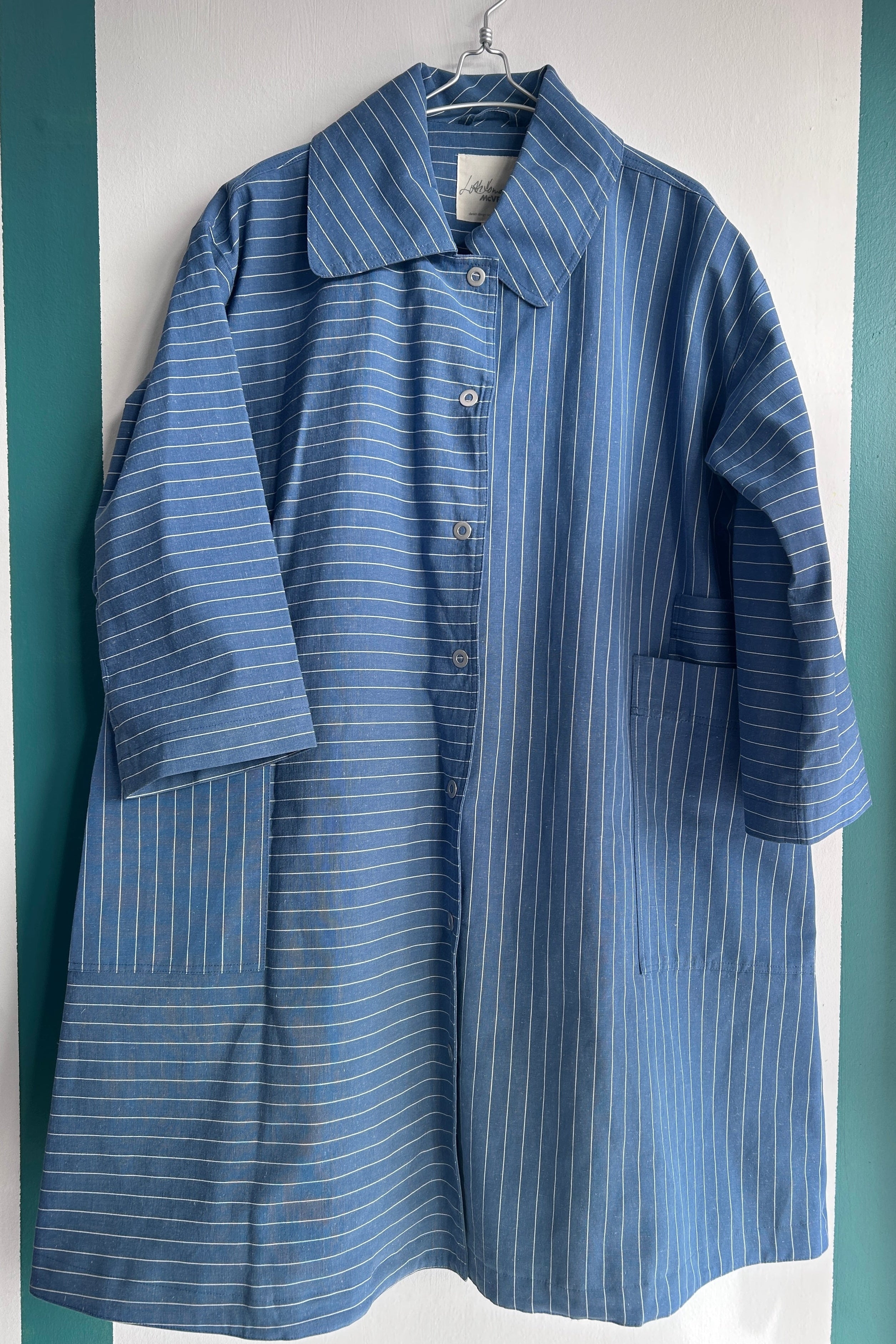 Cool, striped spring coat in blue linen/cotton quality