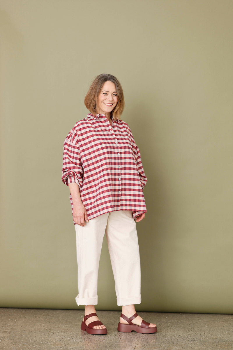 Oversize skjorte i røde/lyserøde tern