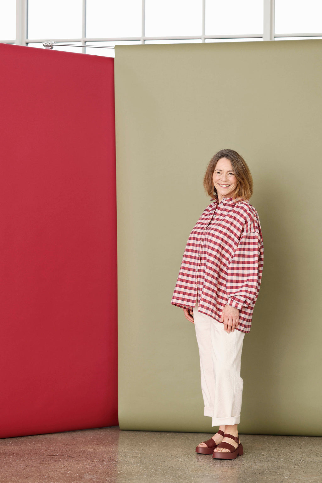 Oversize skjorte i røde/lyserøde tern