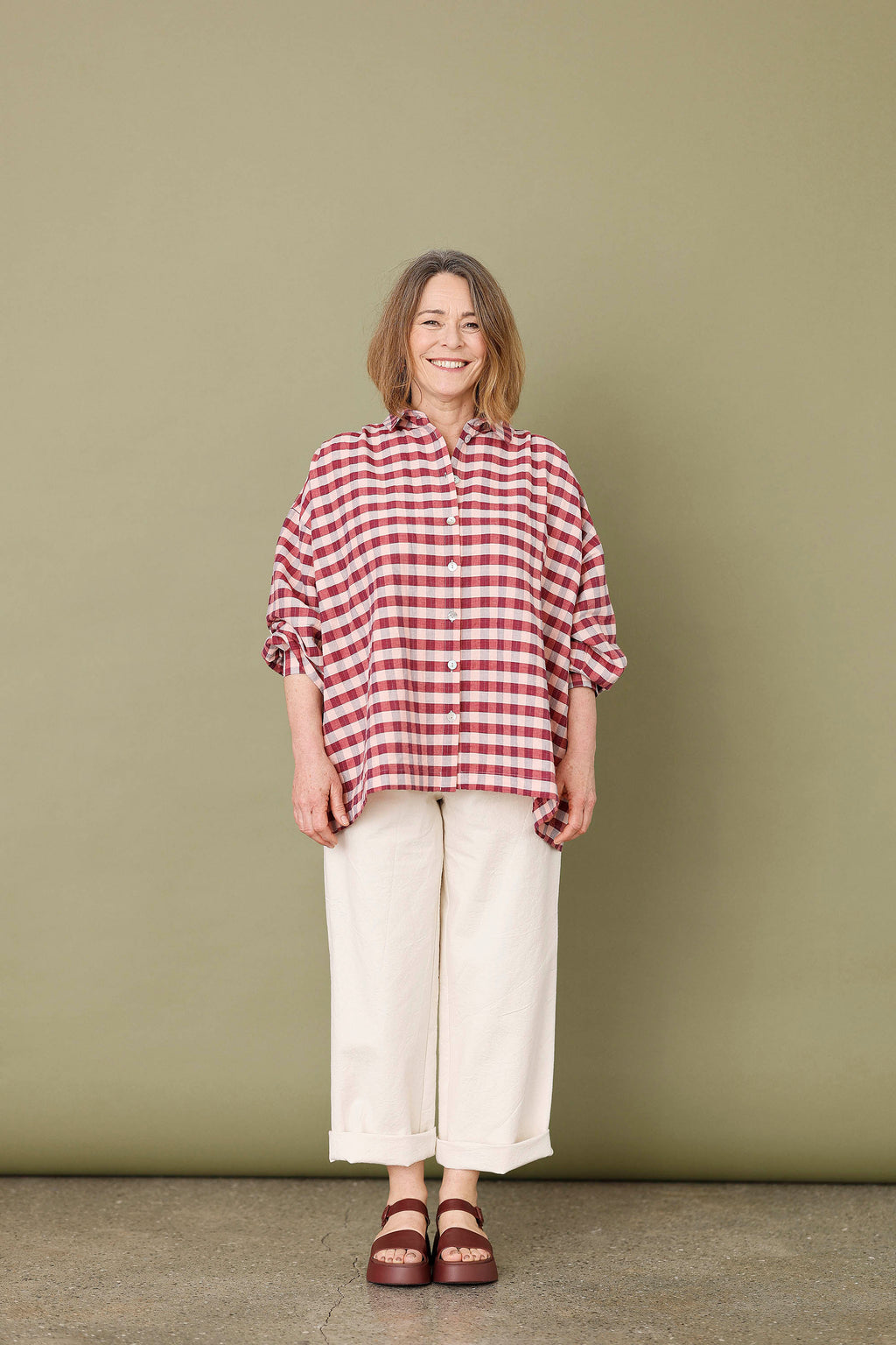 Oversize skjorte i røde/lyserøde tern