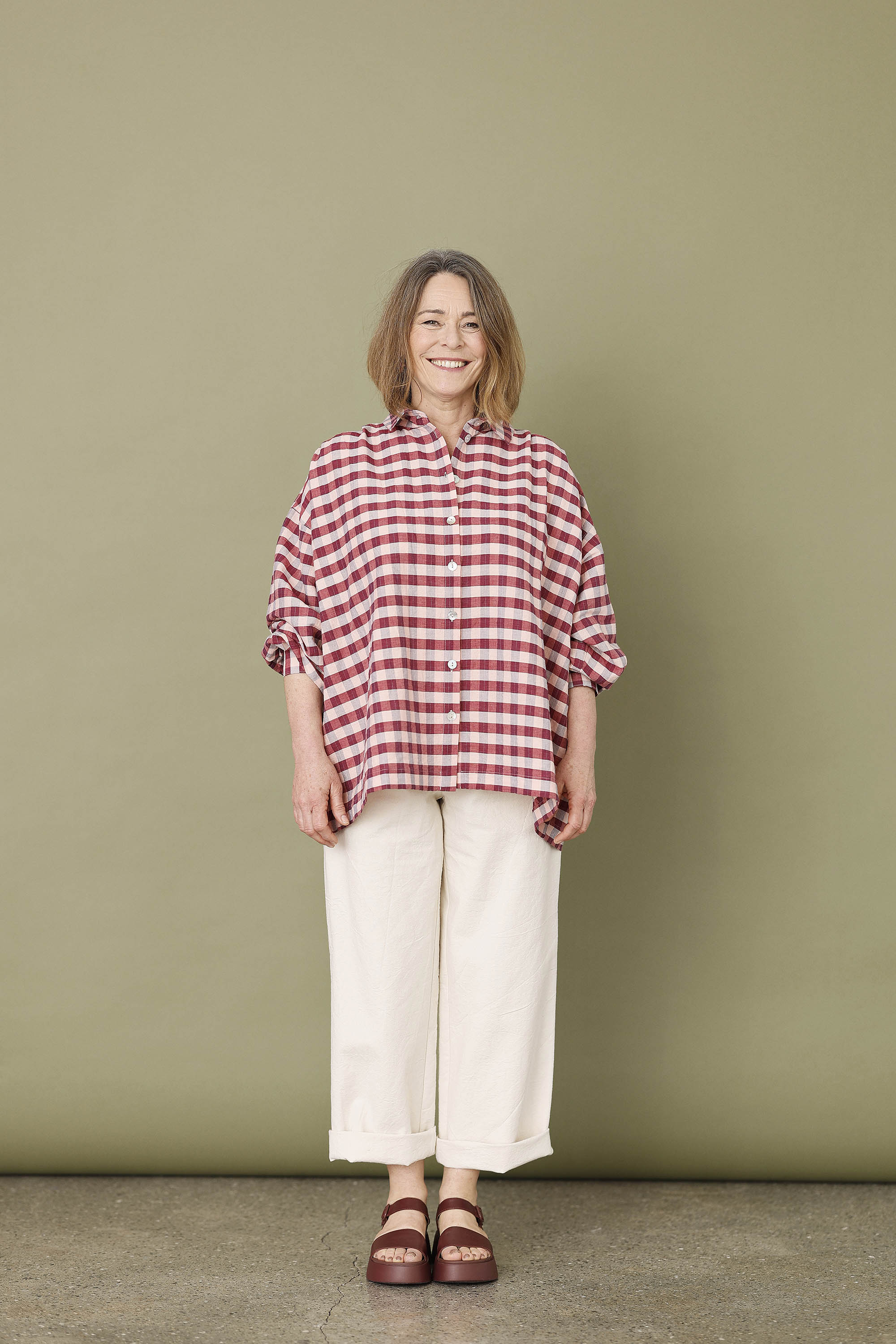 Oversize skjorte i røde/lyserøde tern