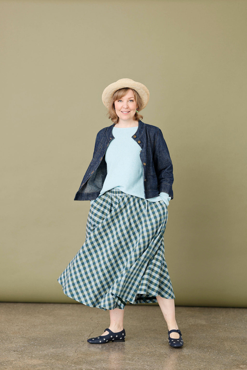 Full circle, checkered skirt in blue/green shades