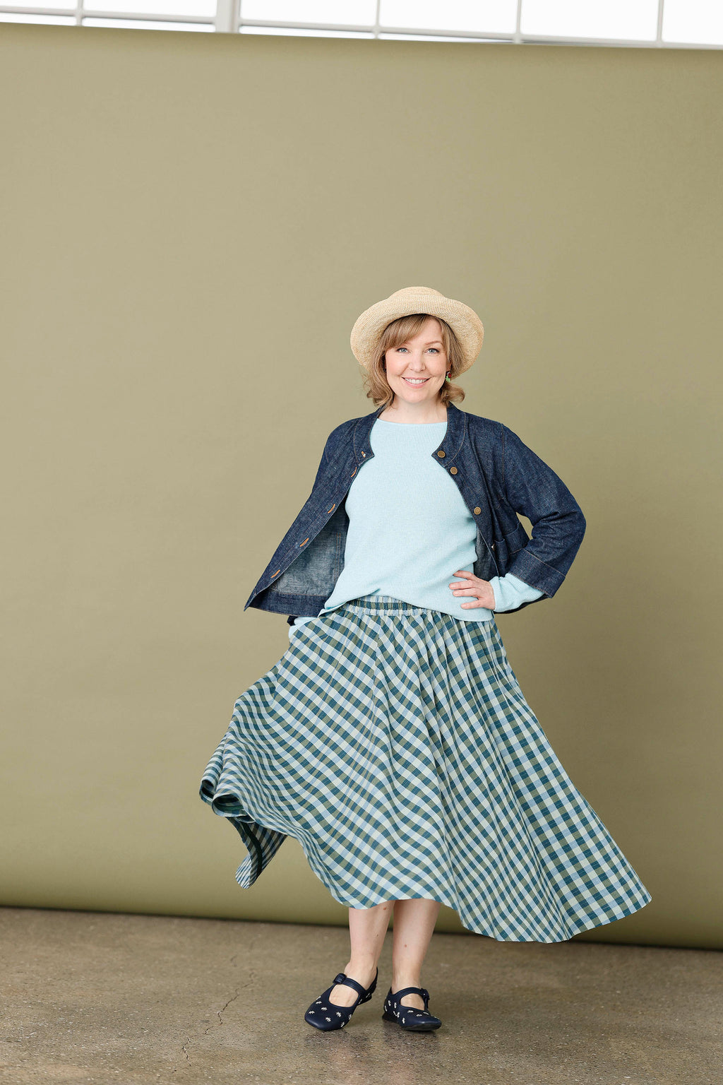 Full circle, checkered skirt in blue/green shades