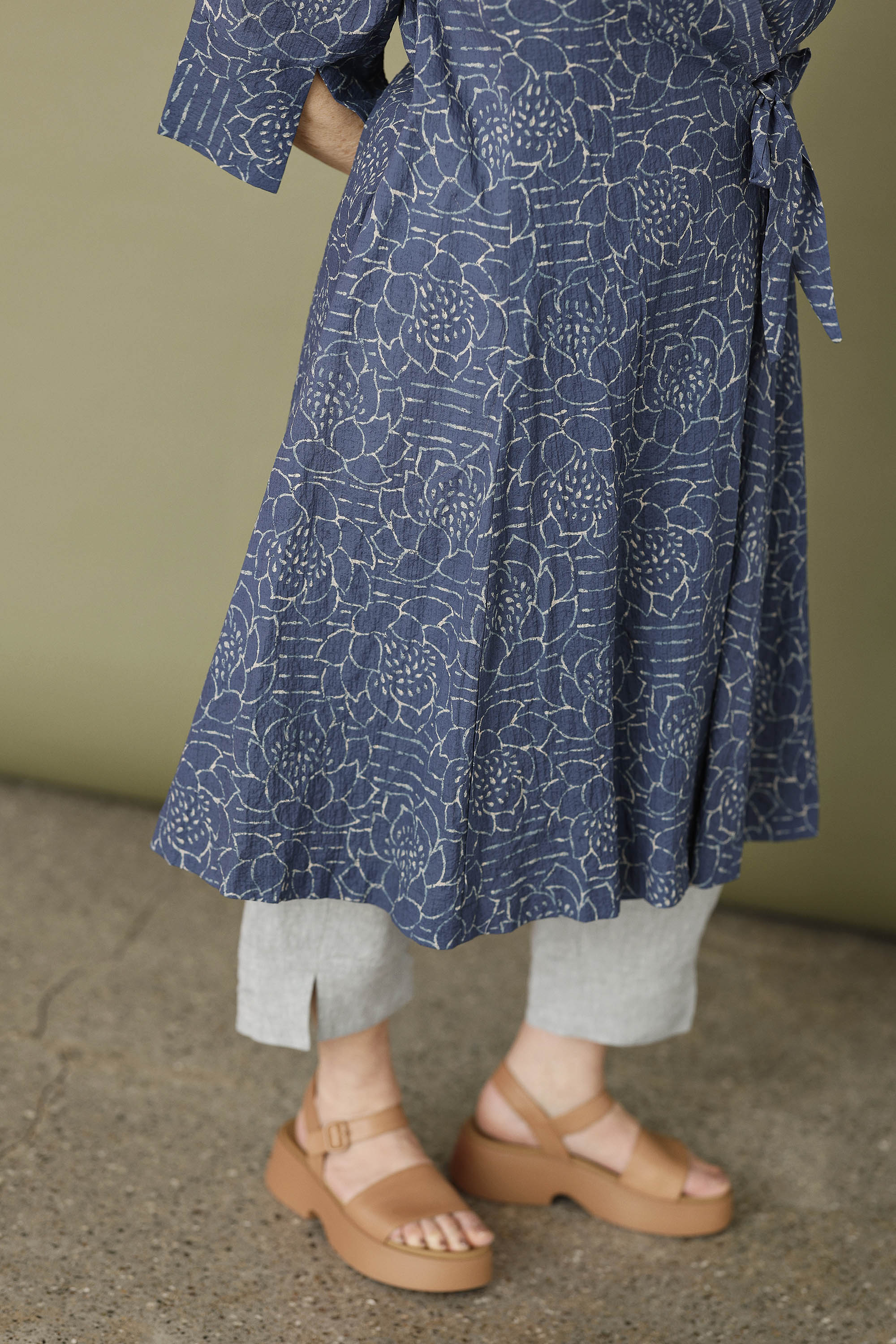 Blue wrap dress with "lotus" print