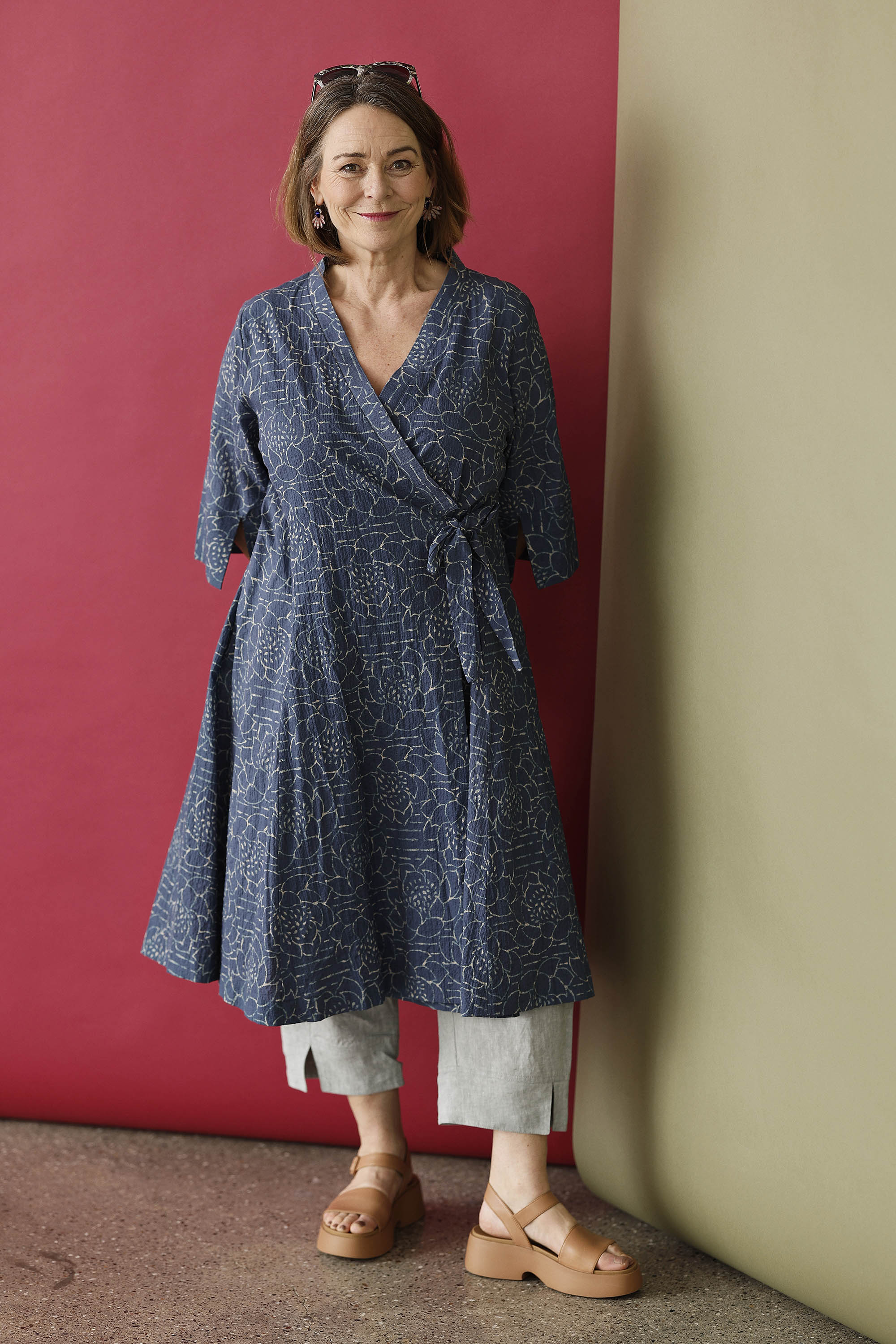 Blue wrap dress with "lotus" print