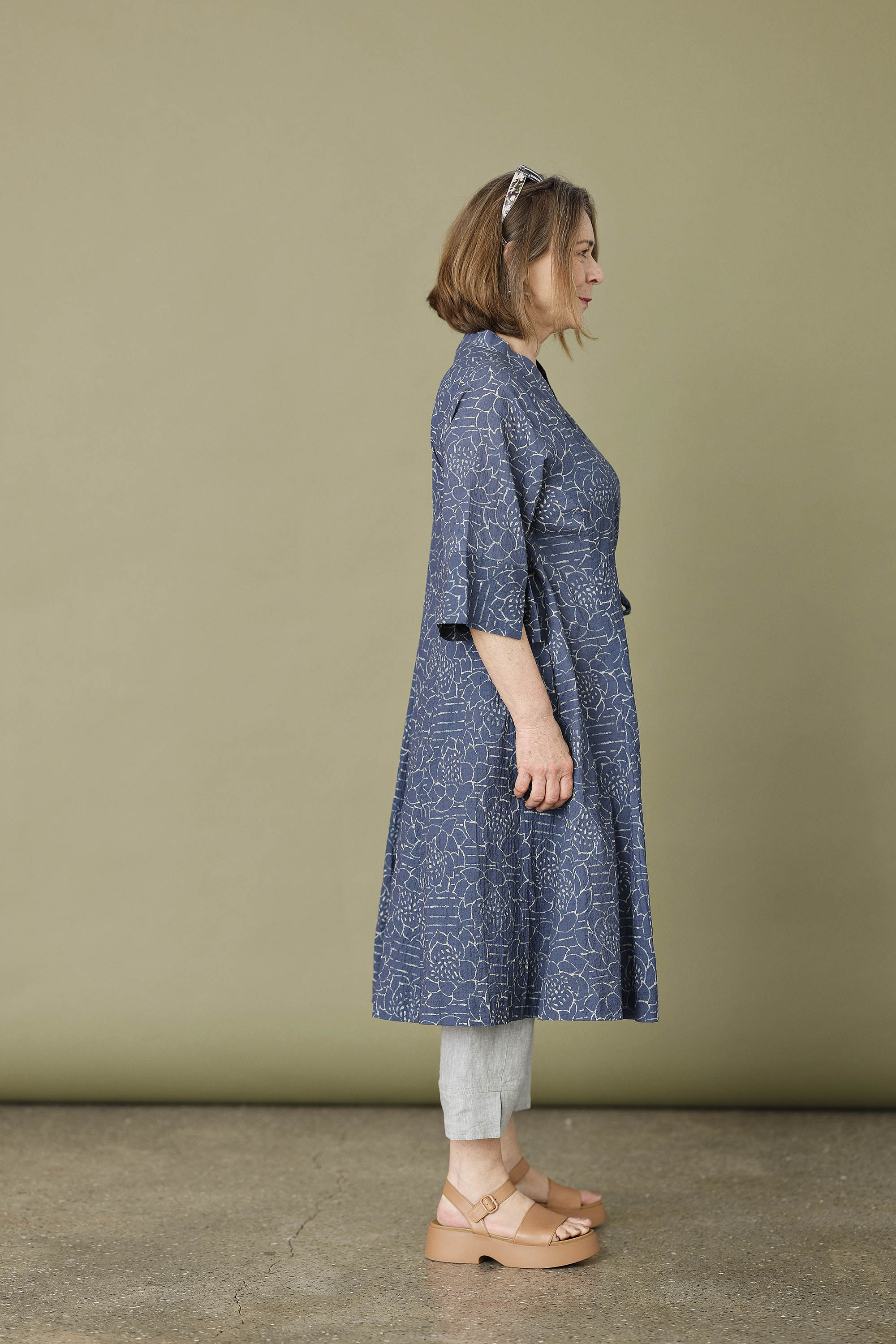 Blue wrap dress with "lotus" print