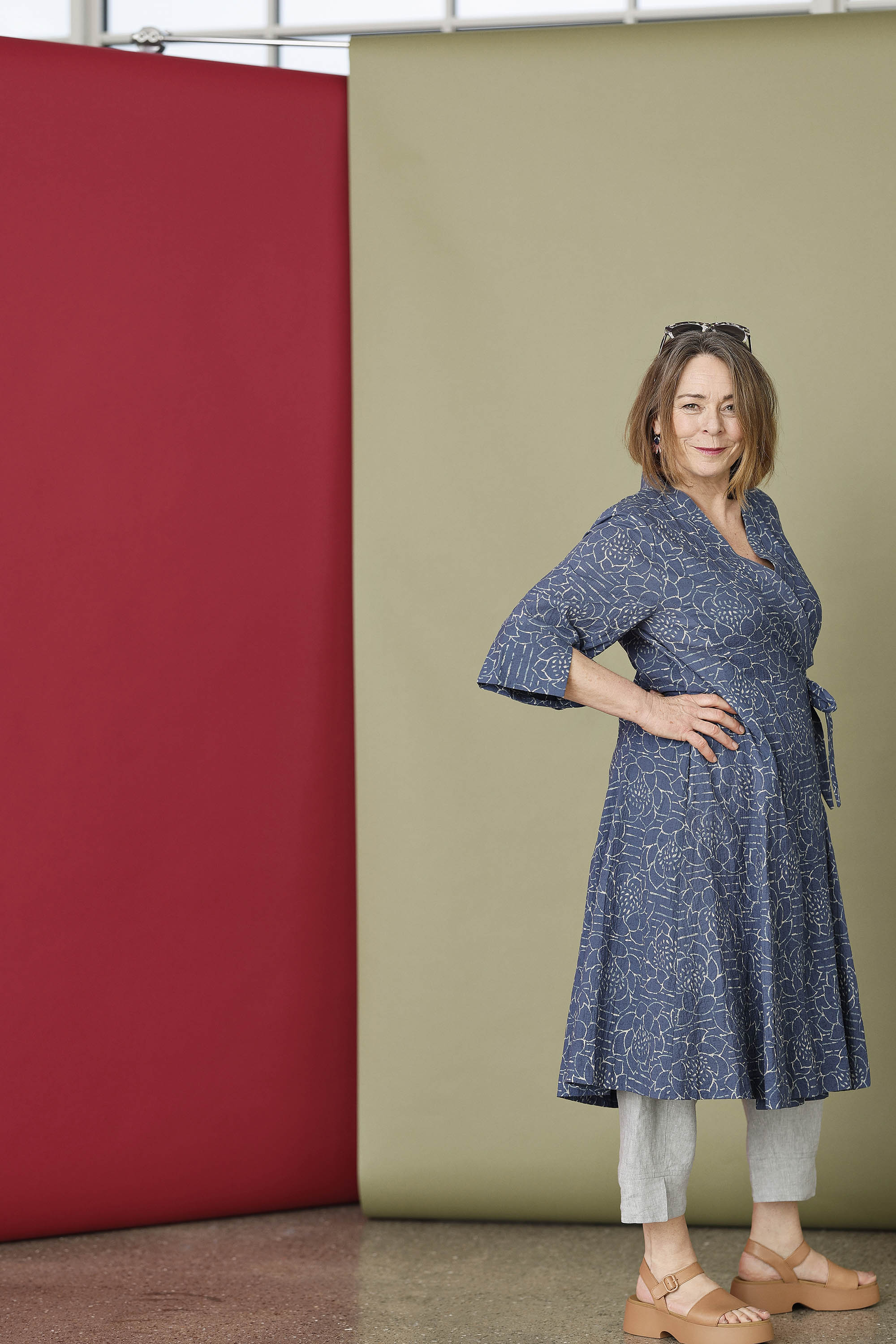 Blue wrap dress with "lotus" print