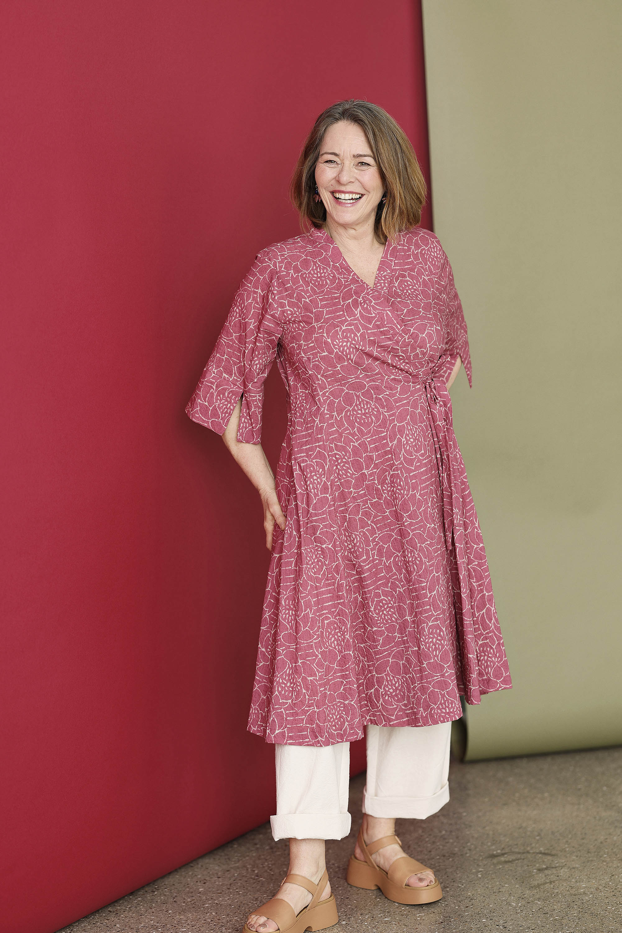 Raspberry red wrap dress with "lotus" print