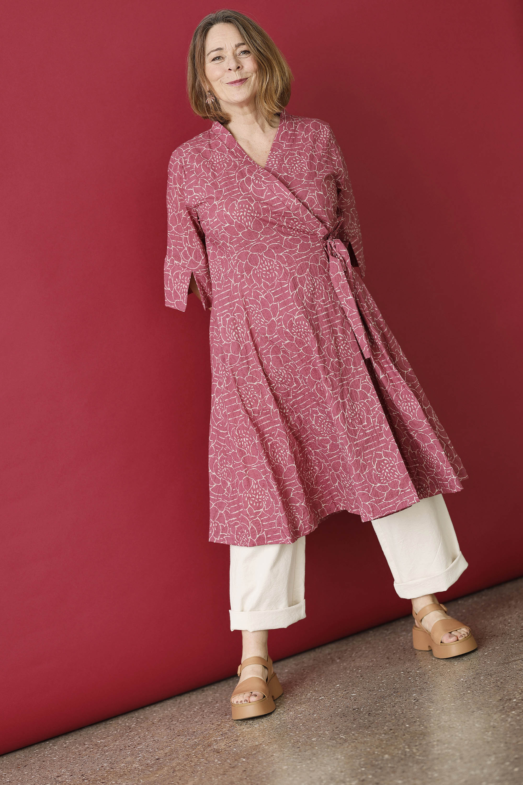 Raspberry red wrap dress with "lotus" print