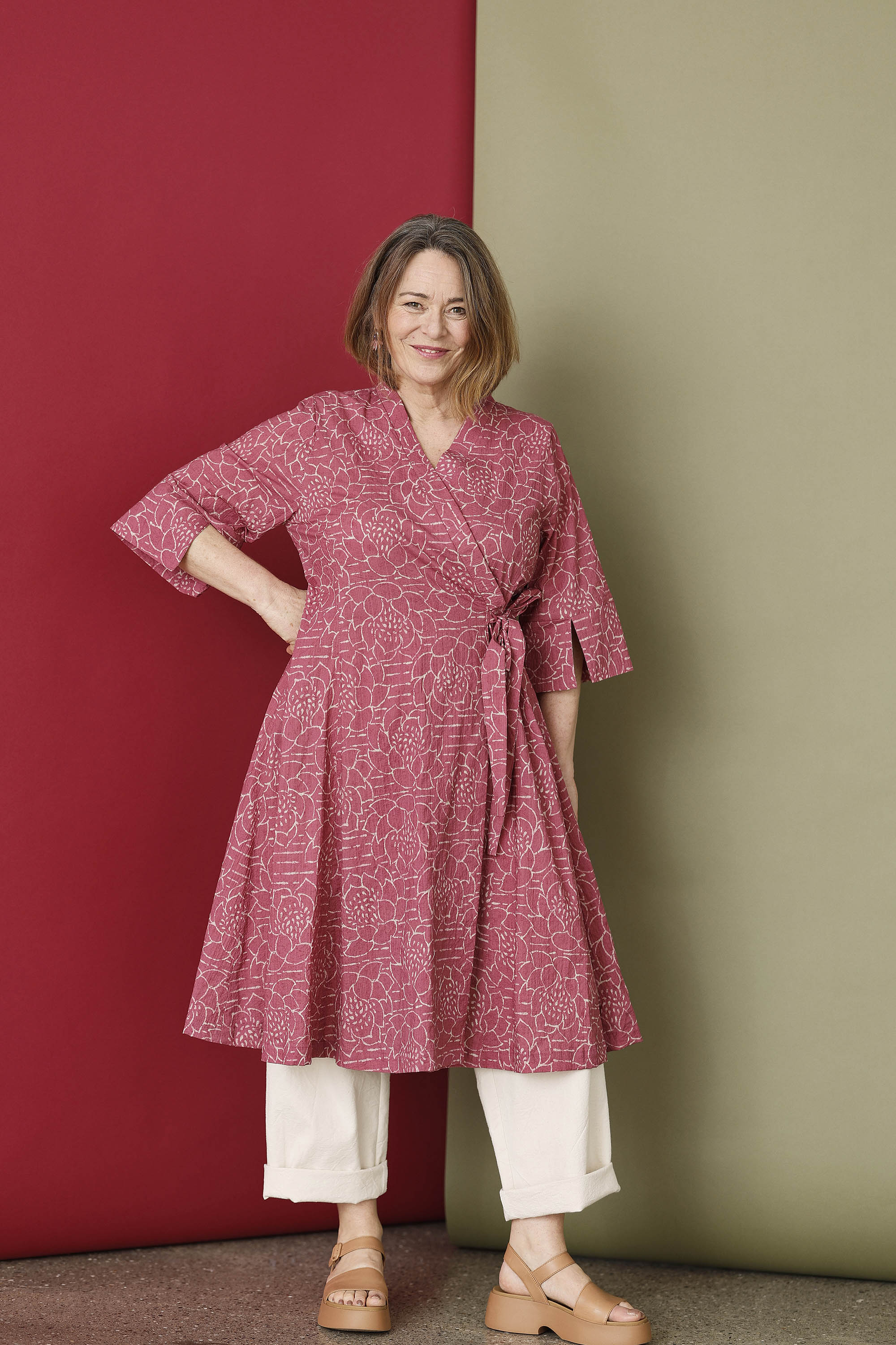 Raspberry red wrap dress with "lotus" print