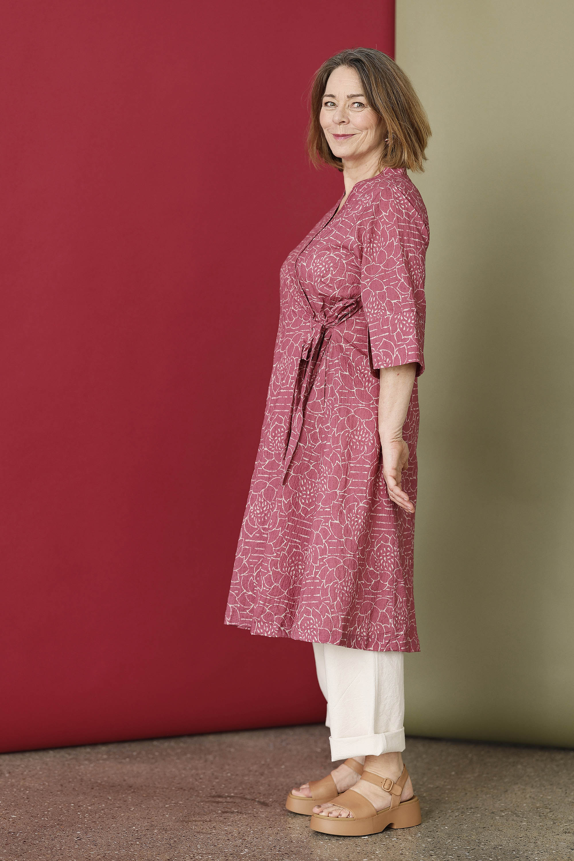 Raspberry red wrap dress with "lotus" print