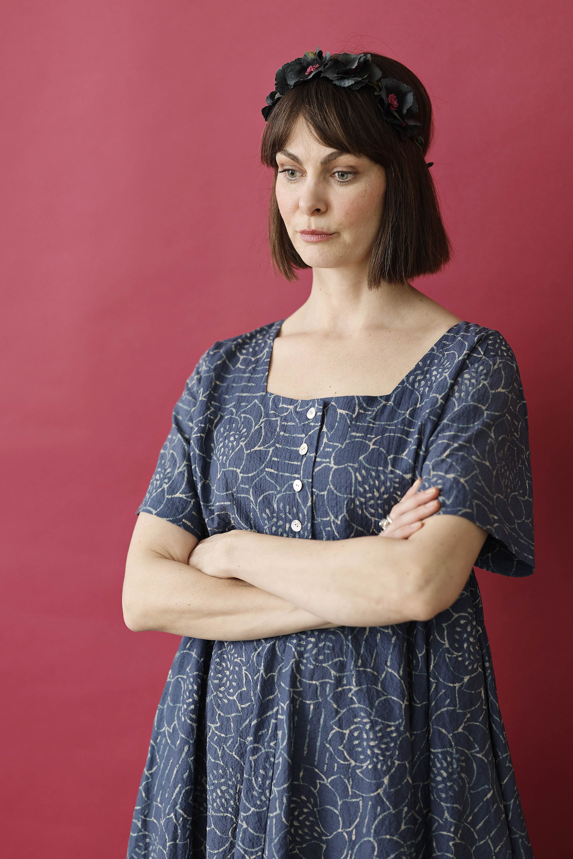 Blue summer dress with "lotus" print