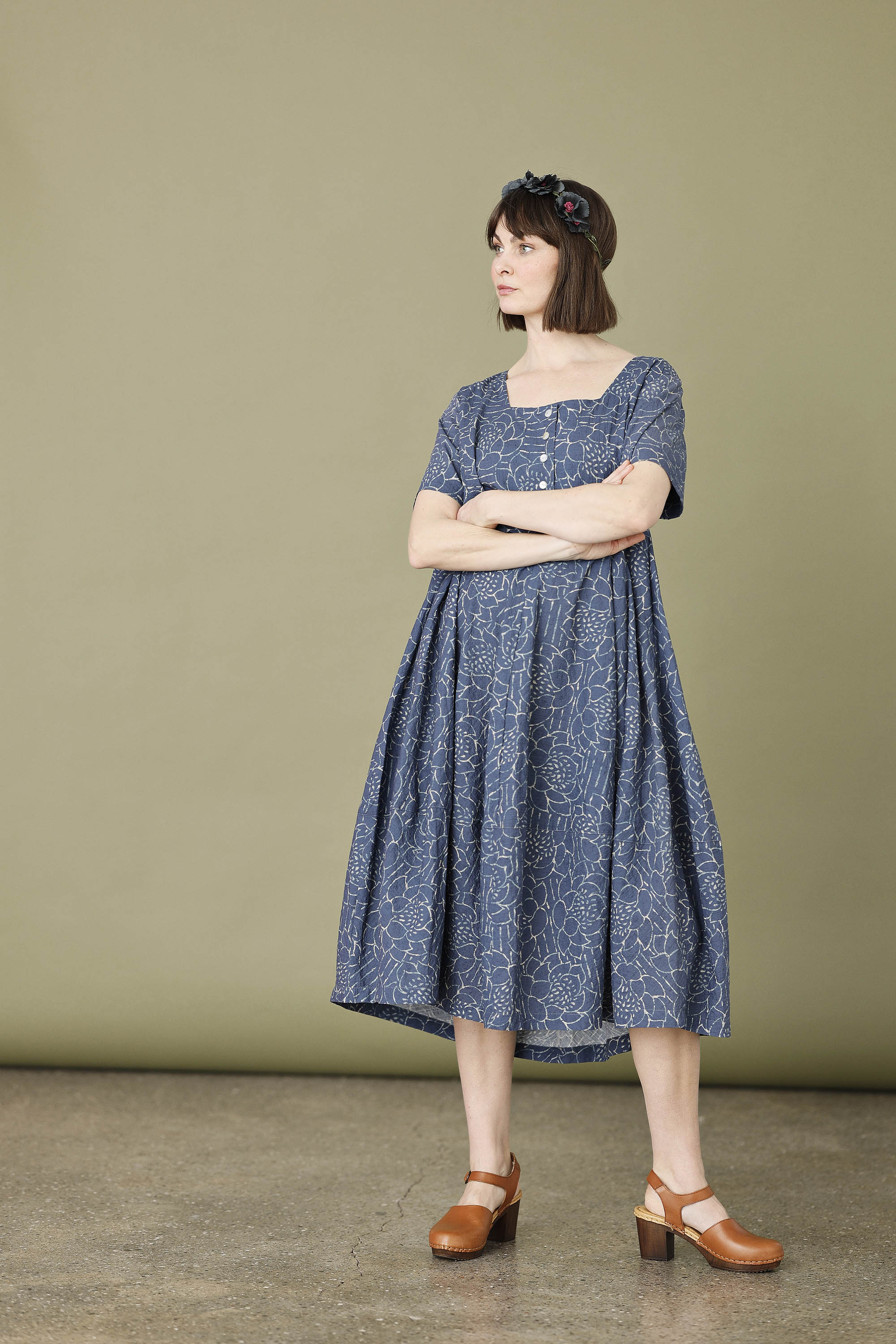 Blue summer dress with "lotus" print