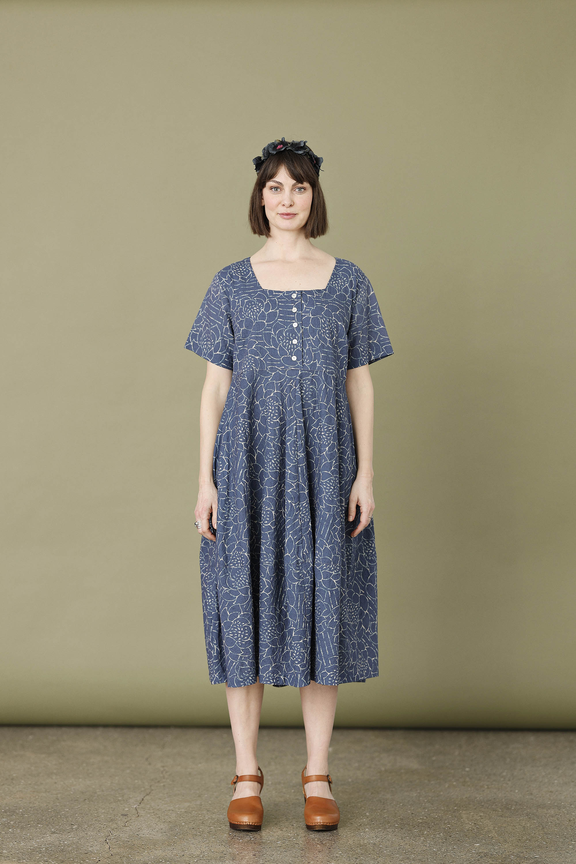 Blue summer dress with "lotus" print