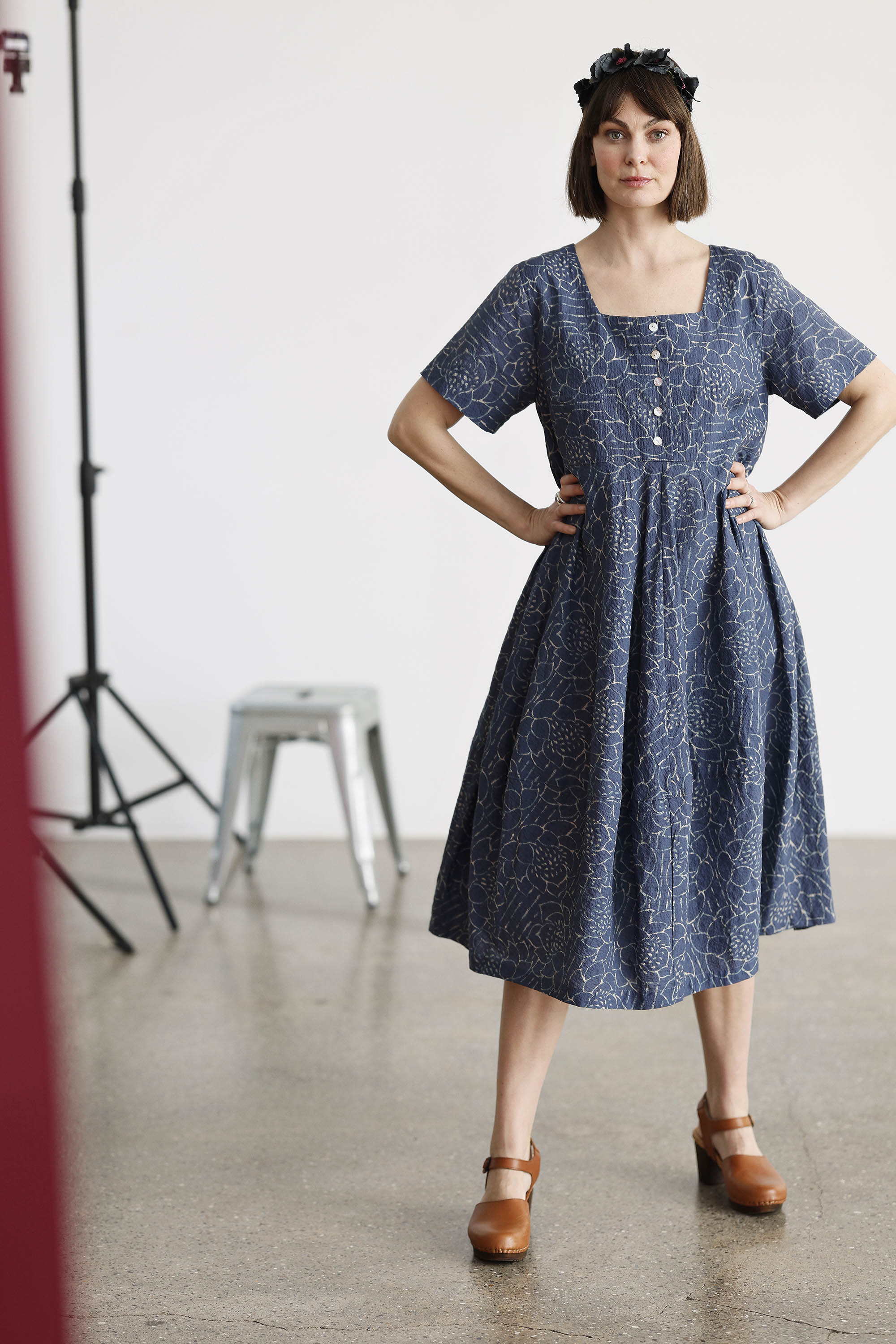 Blue summer dress with "lotus" print