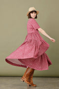 Raspberry red feminine dress with "lotus" print