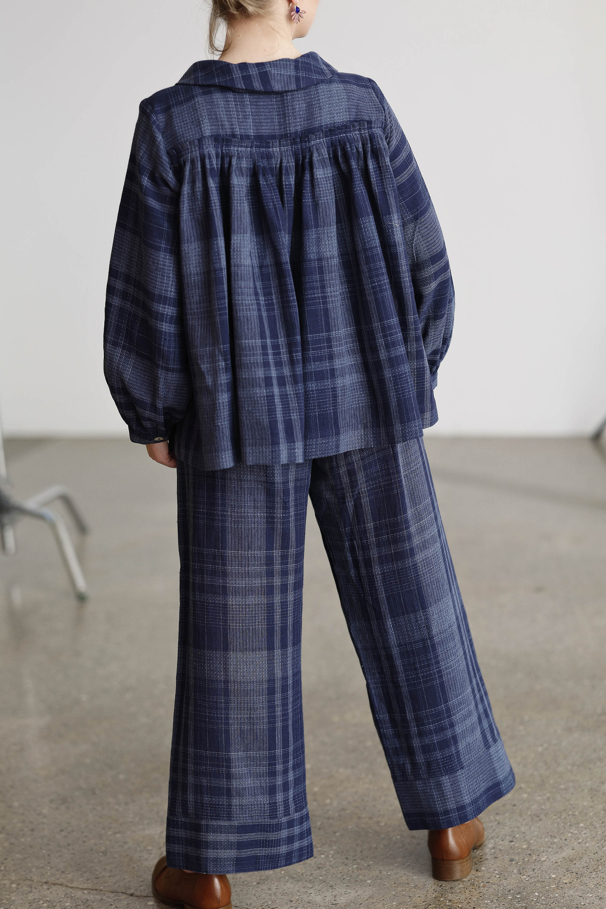 Indigo blue button blouse in beautifully woven fabric