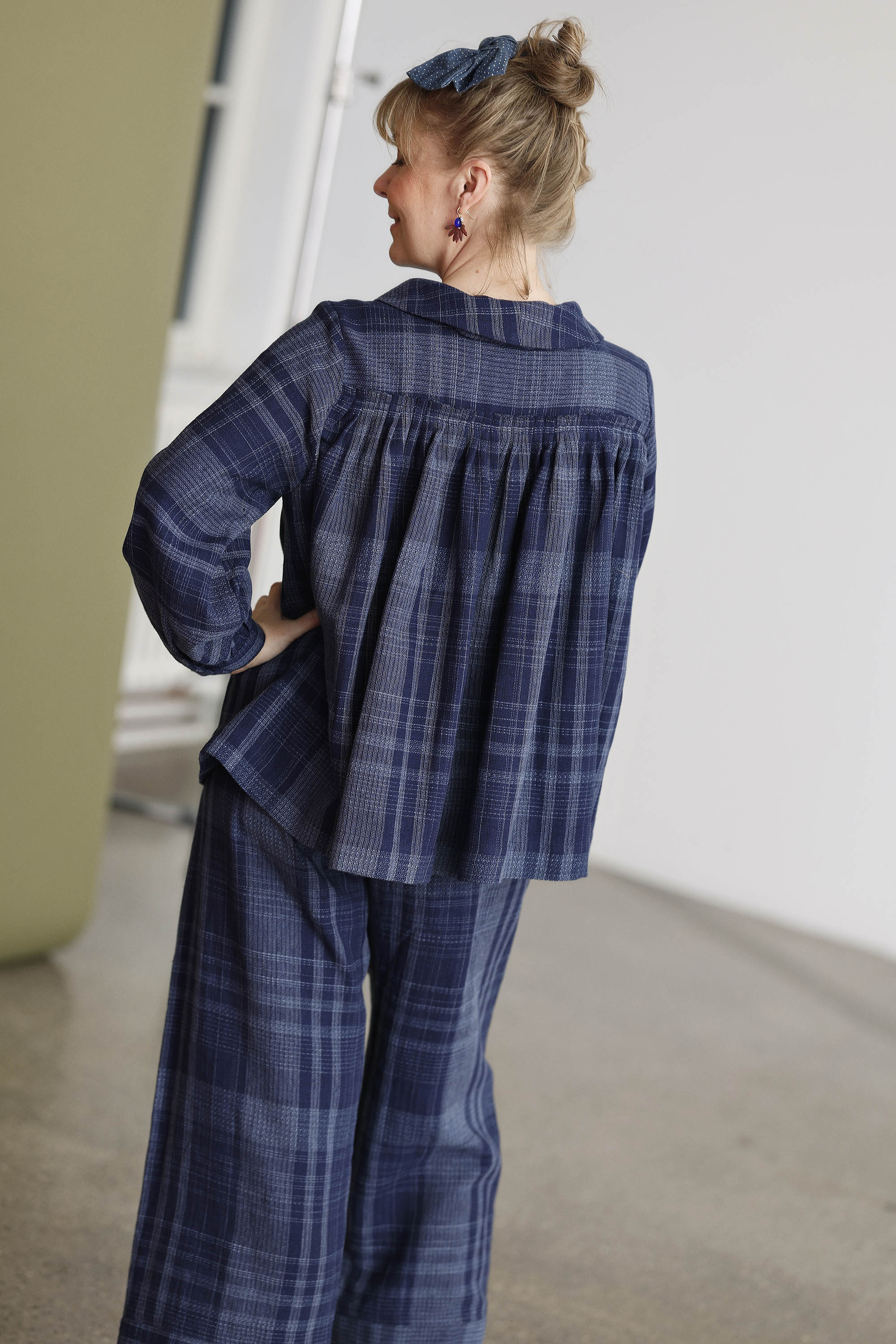 Indigo blue button blouse in beautifully woven fabric