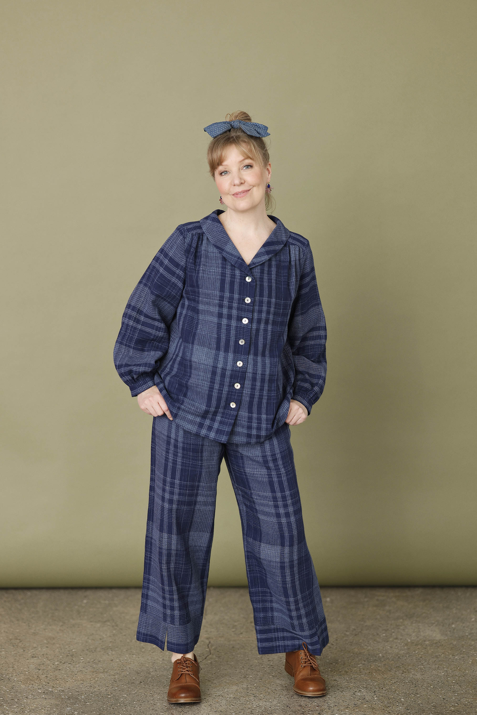 Indigo blue button blouse in beautifully woven fabric