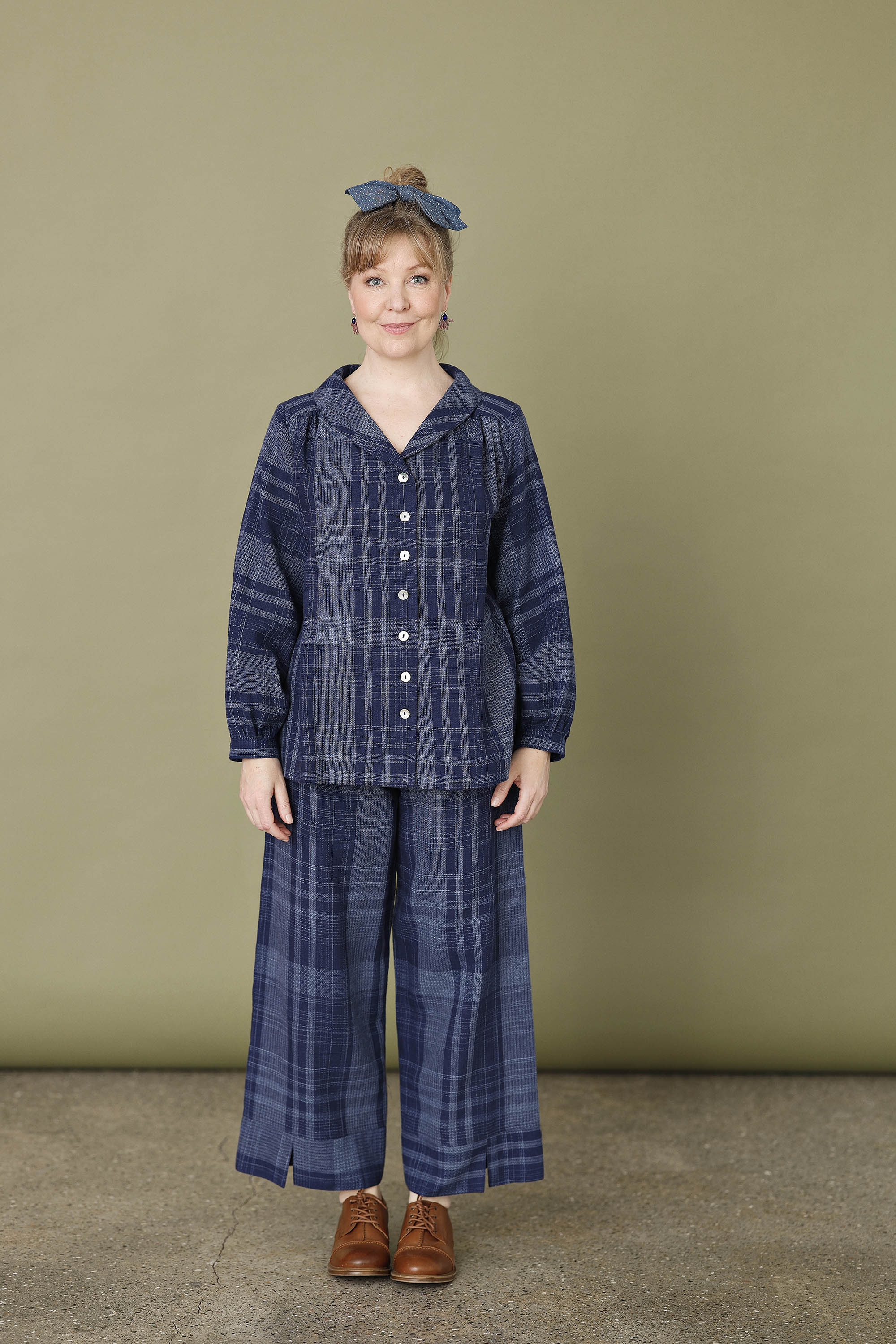 Indigo blue button blouse in beautifully woven fabric