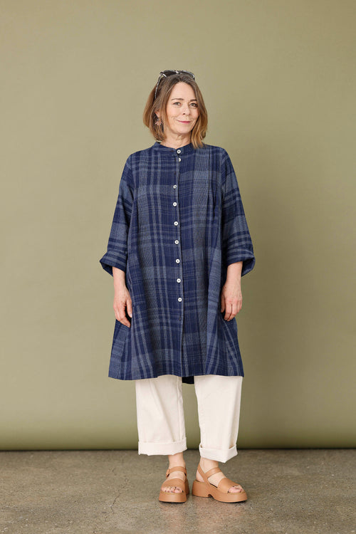 Long, indigo blue shirt in beautifully woven fabric
