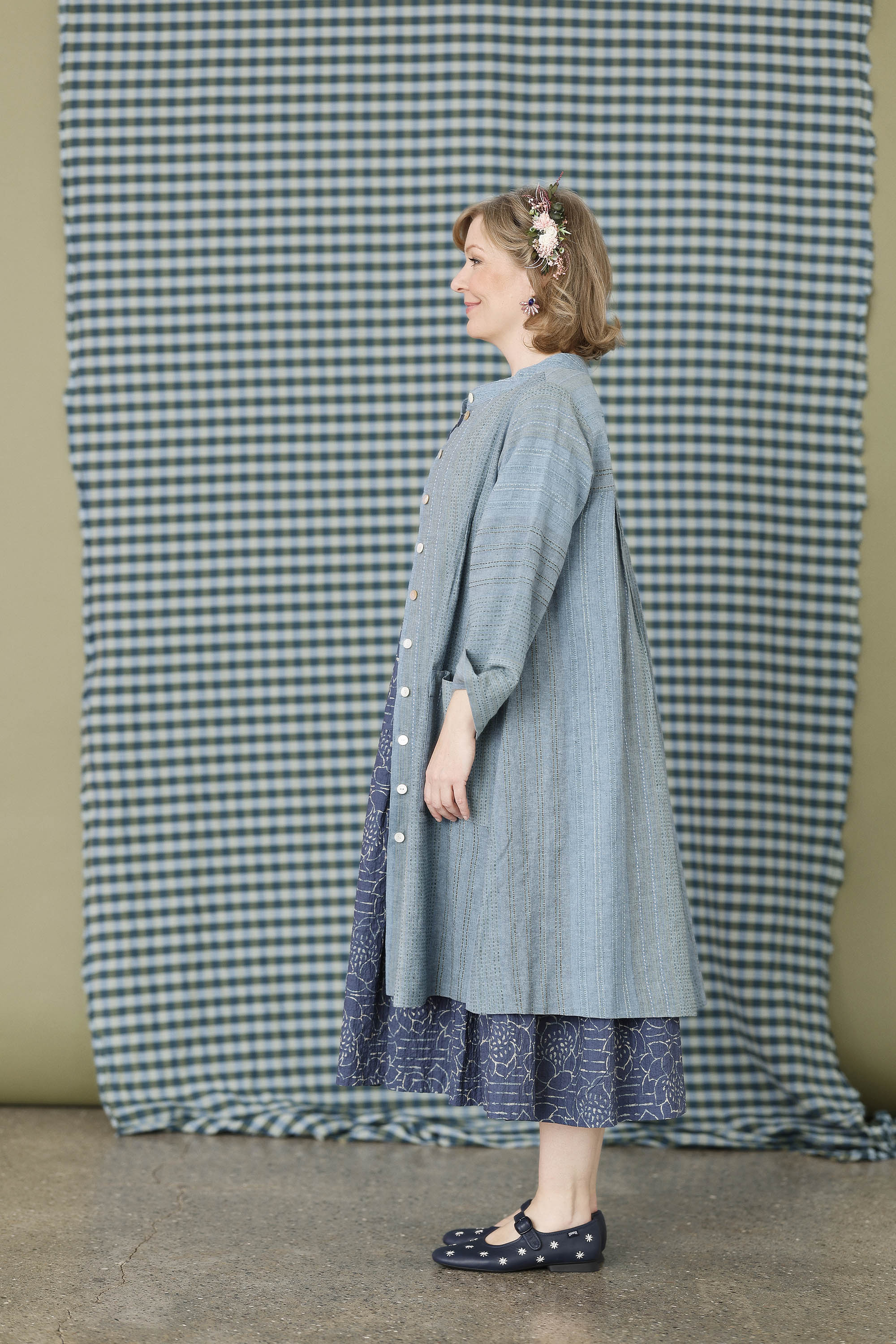 Long, seablue shirt in beautifully woven fabric