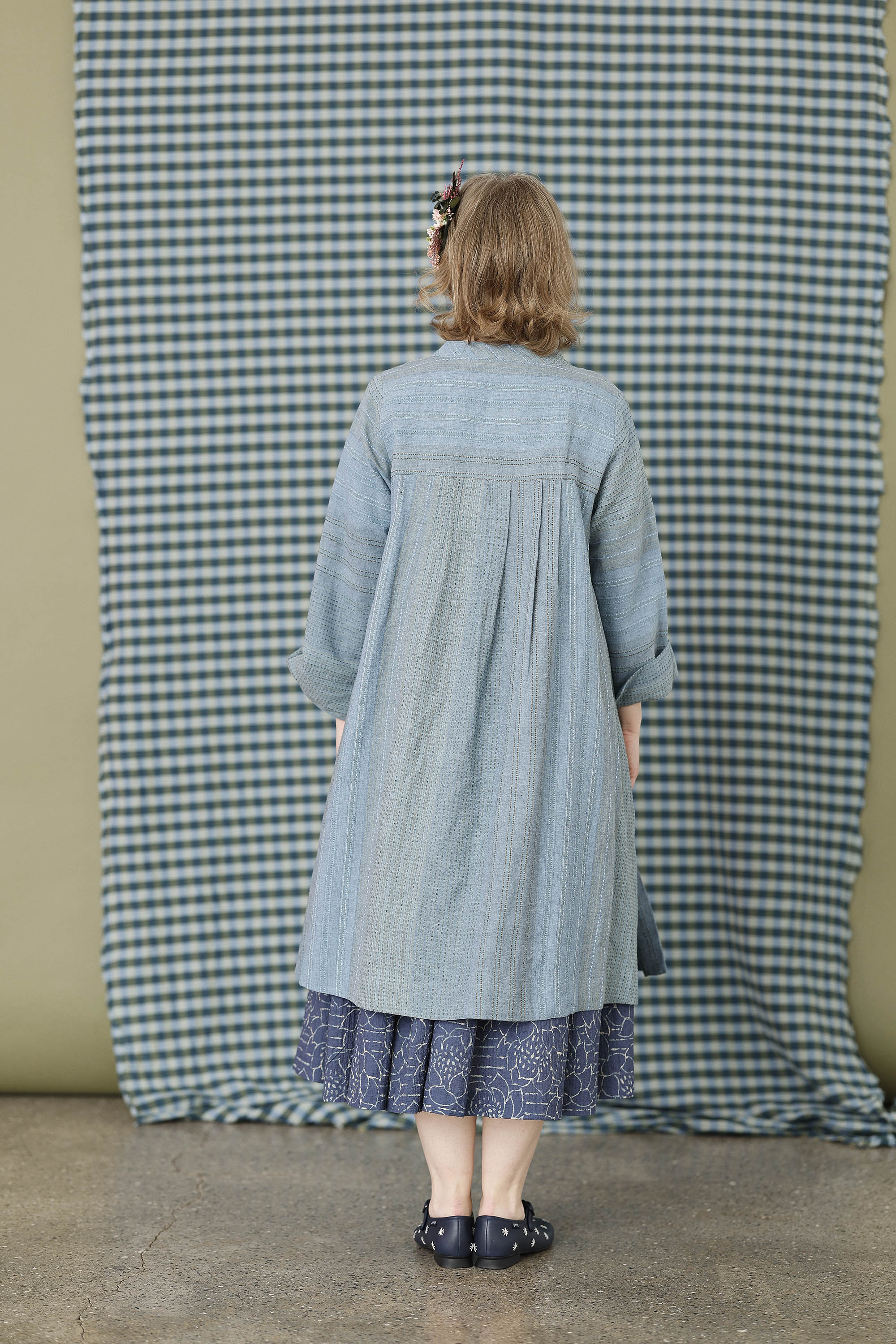 Long, seablue shirt in beautifully woven fabric