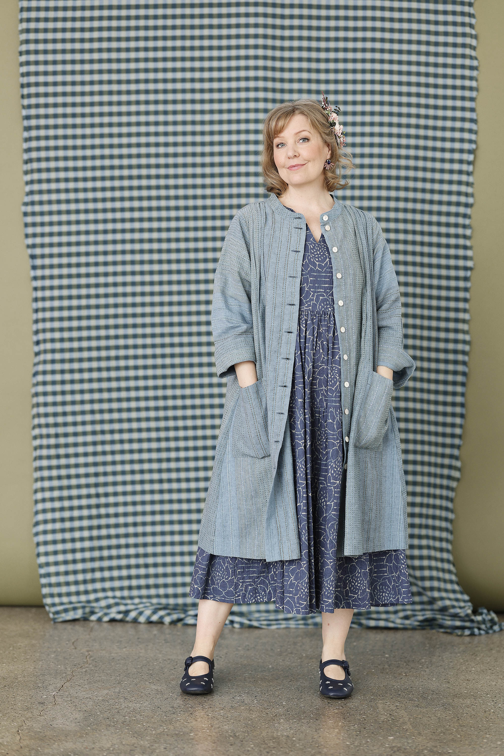 Long, seablue shirt in beautifully woven fabric