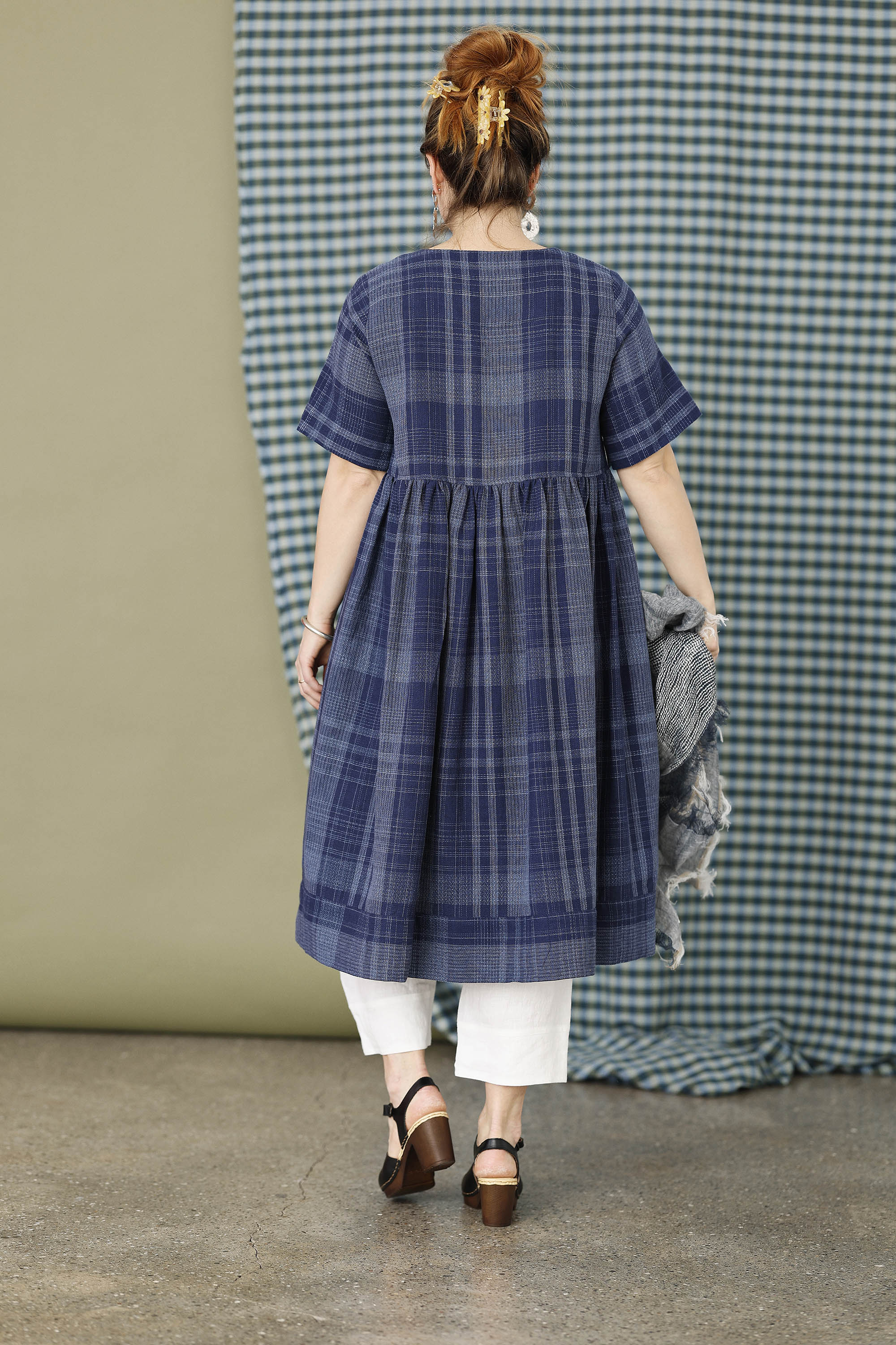 Indigo blue dress in beautifully woven linen/cotton fabric