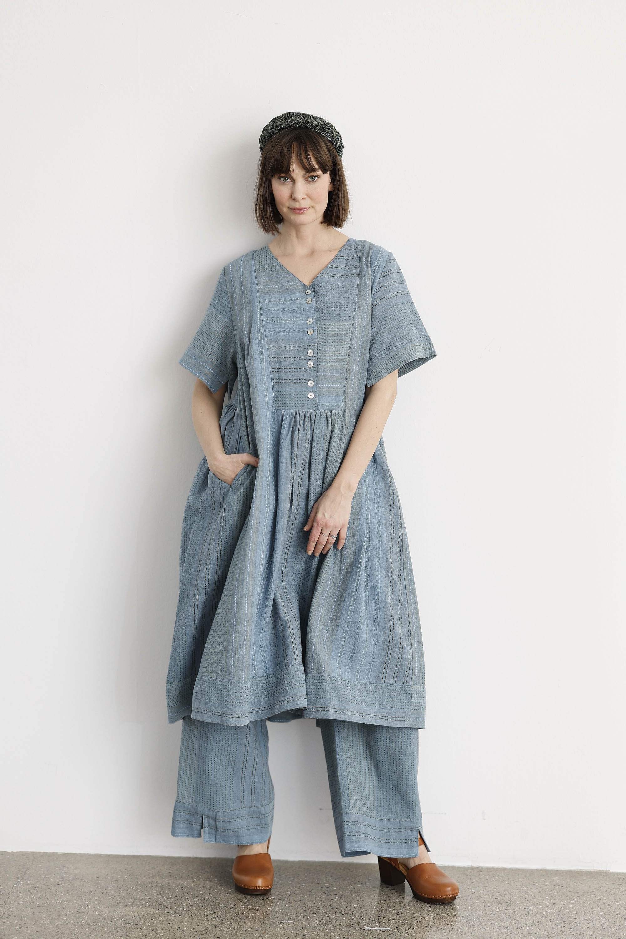 Seablue button-down dress in beautifully woven fabric
