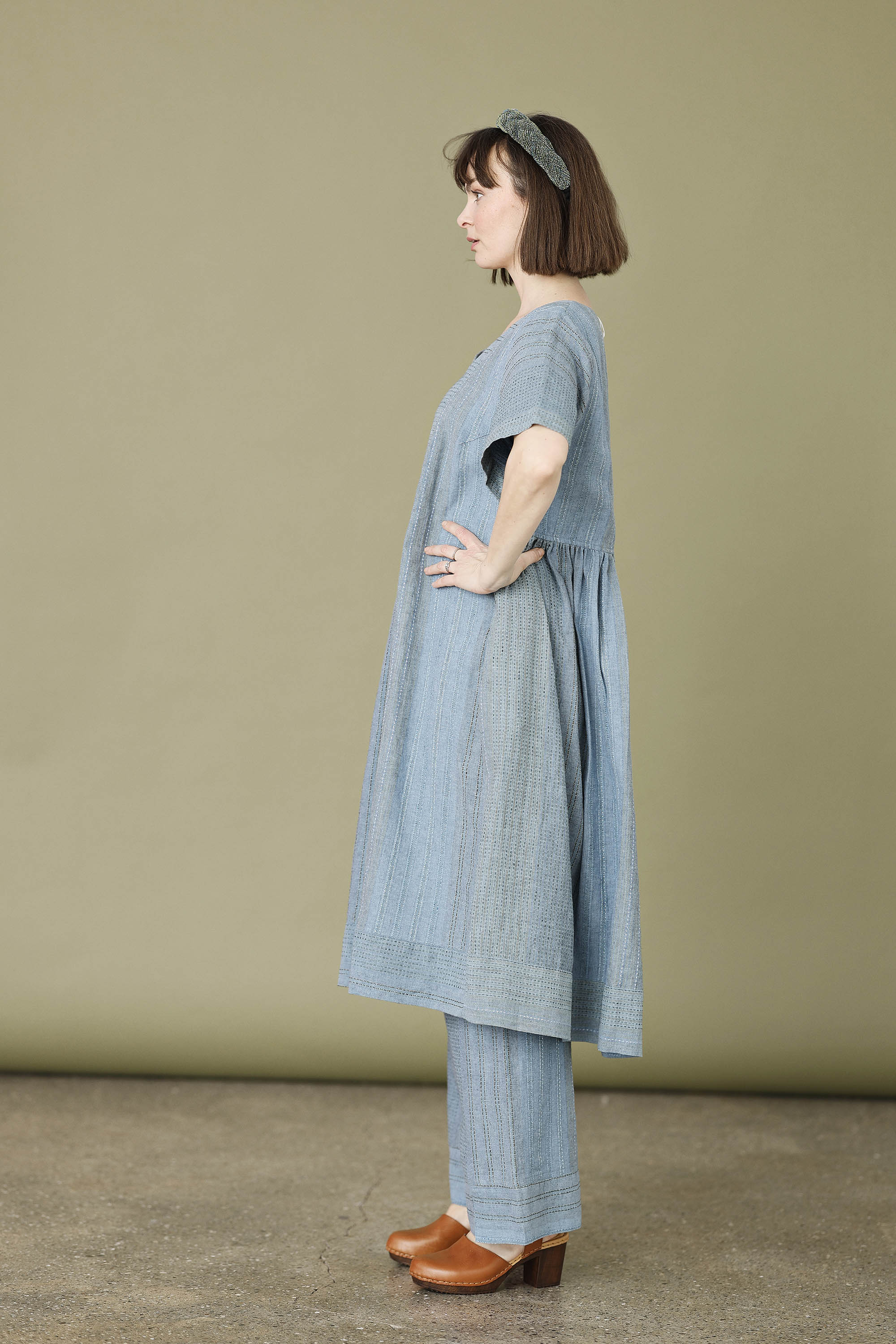 Seablue button-down dress in beautifully woven fabric