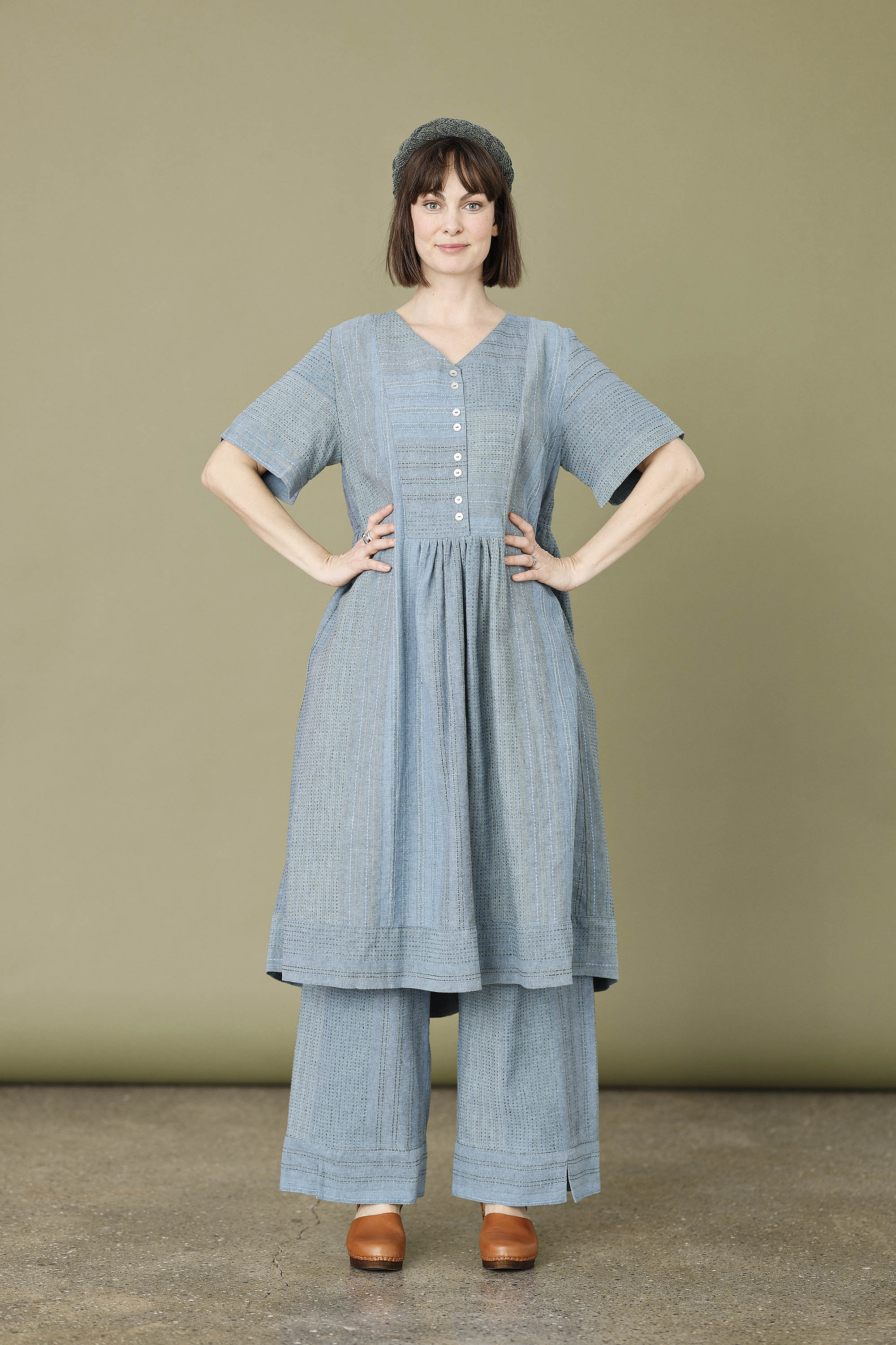 Seablue button-down dress in beautifully woven fabric