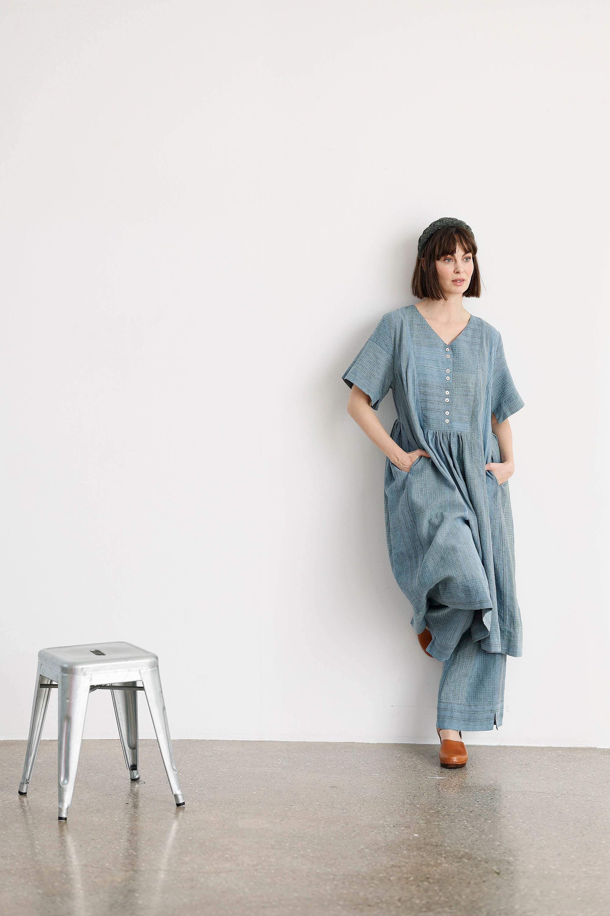 Seablue button-down dress in beautifully woven fabric