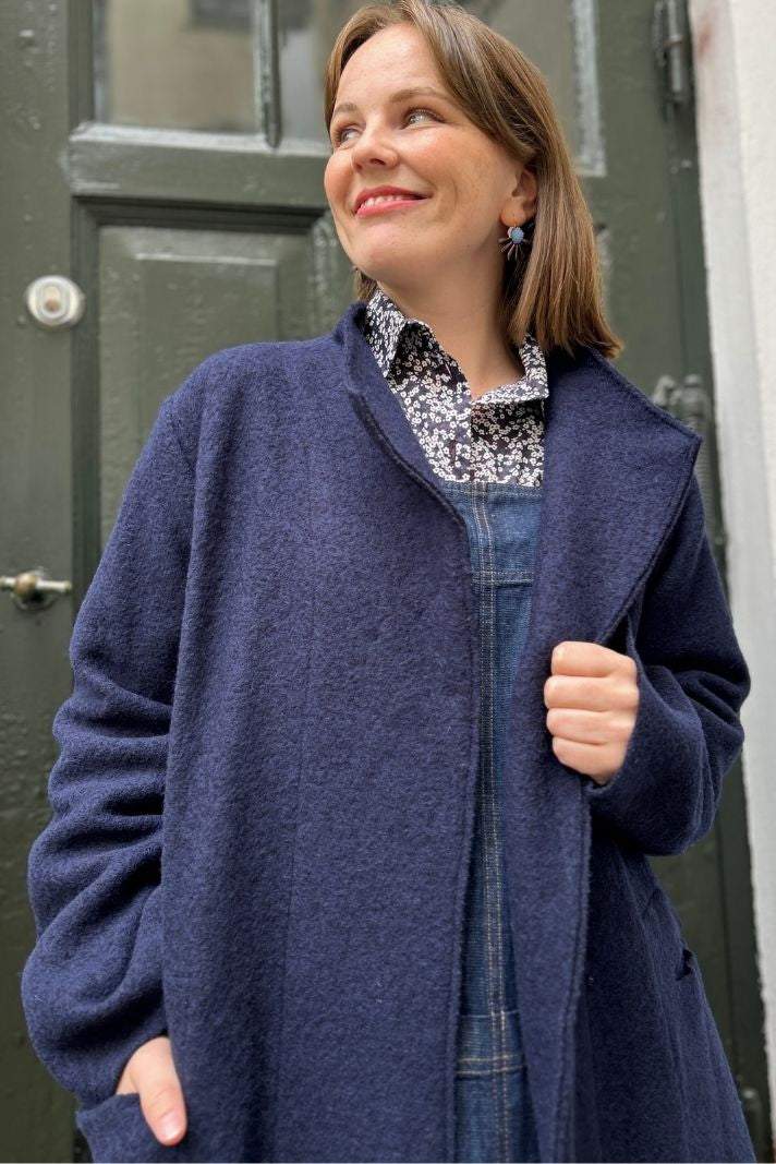 Dark blue long boiled wool jacket