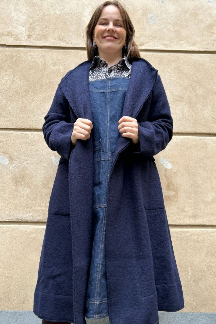 Dark blue long boiled wool jacket