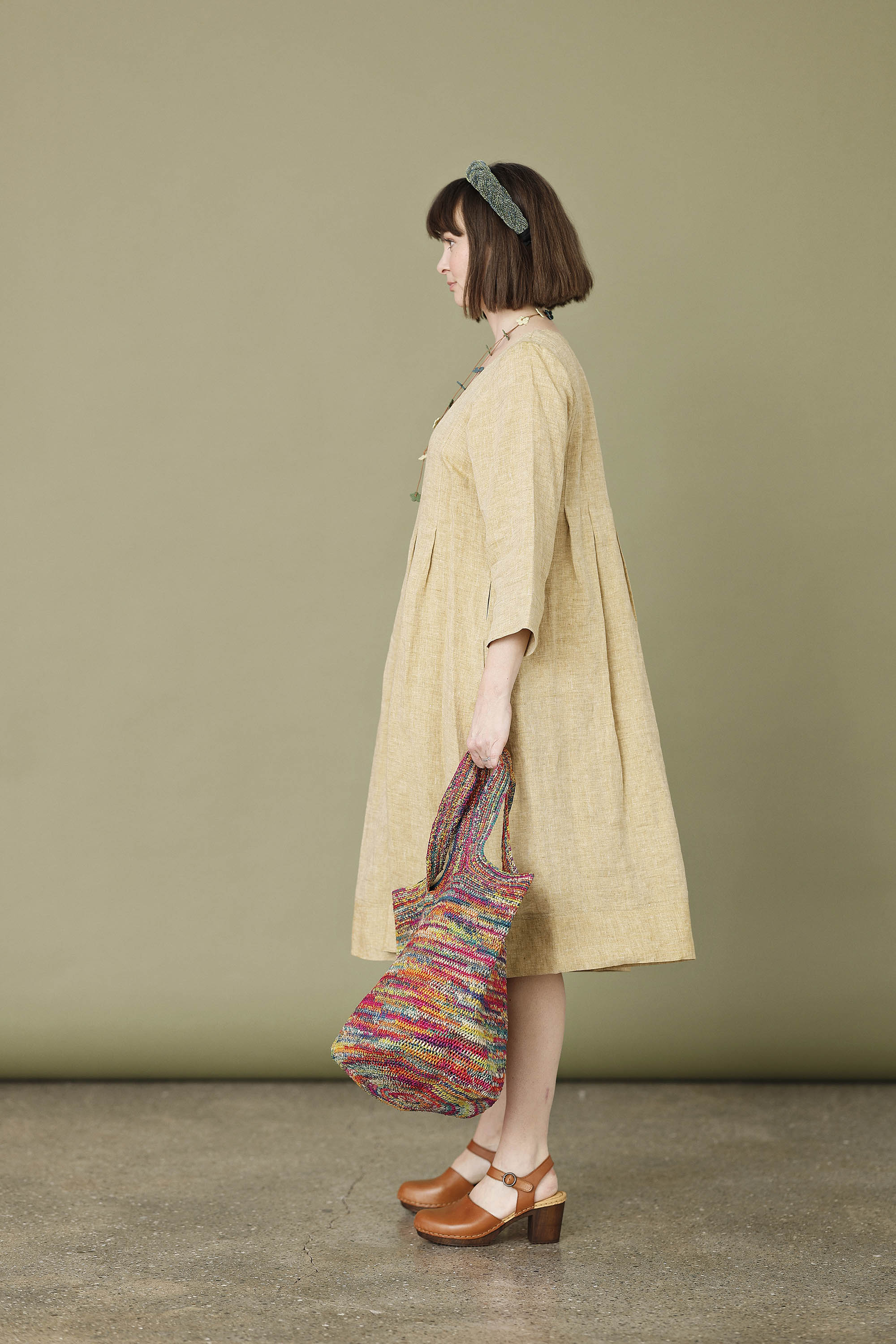 Pale yellow linen dress with pleats
